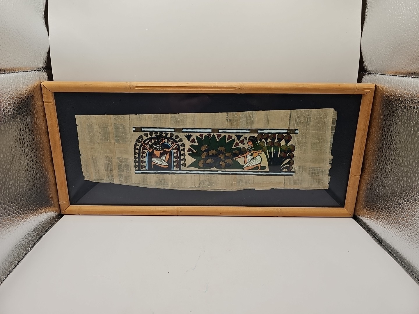 Hand Painted Egyptian Art On Papyrus In A Bamboo Like Frame 15.25×6.75 Inches