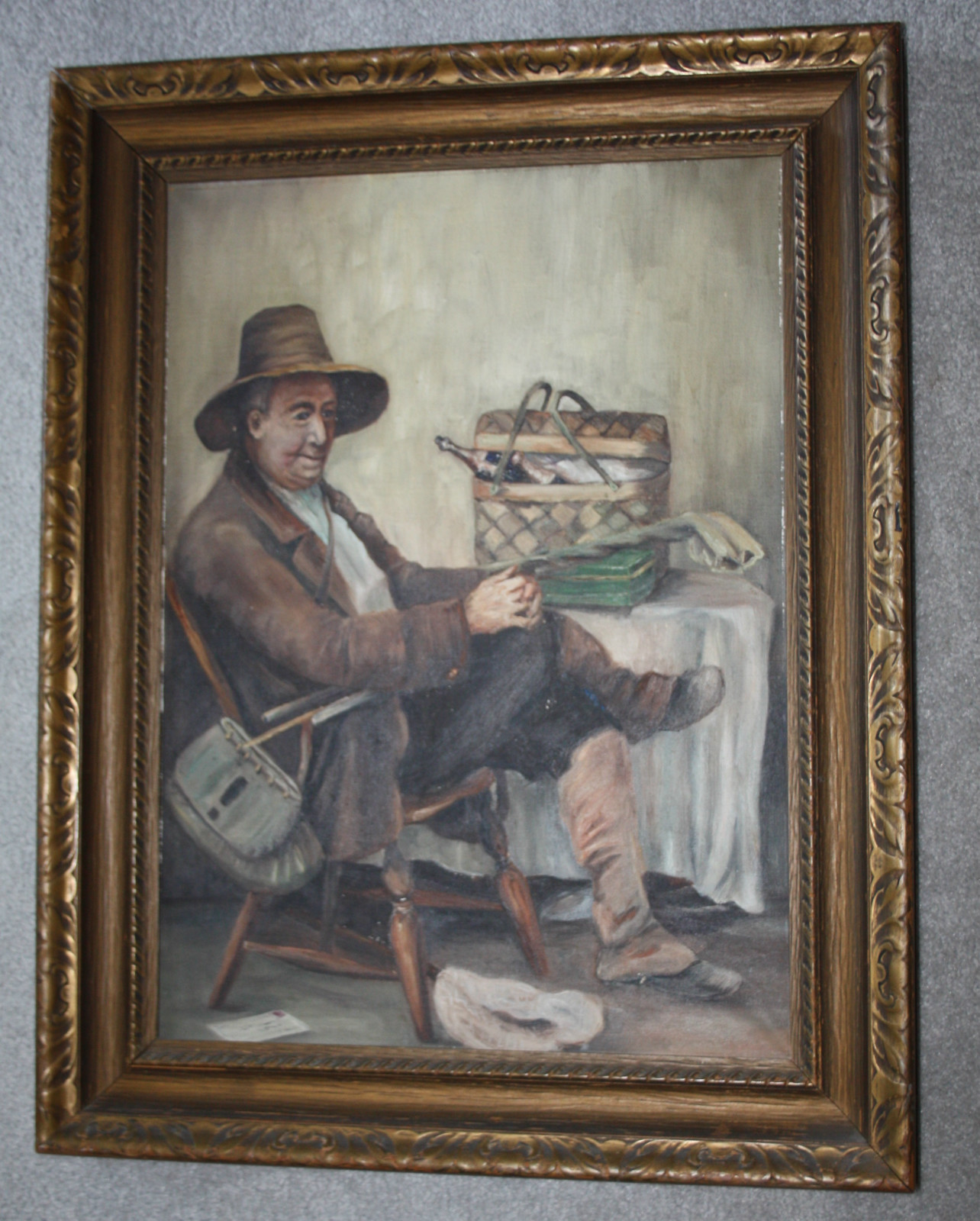 Waiting for the Fishing Party after LC Earle Vtg Antique Oil Painting Tobacco