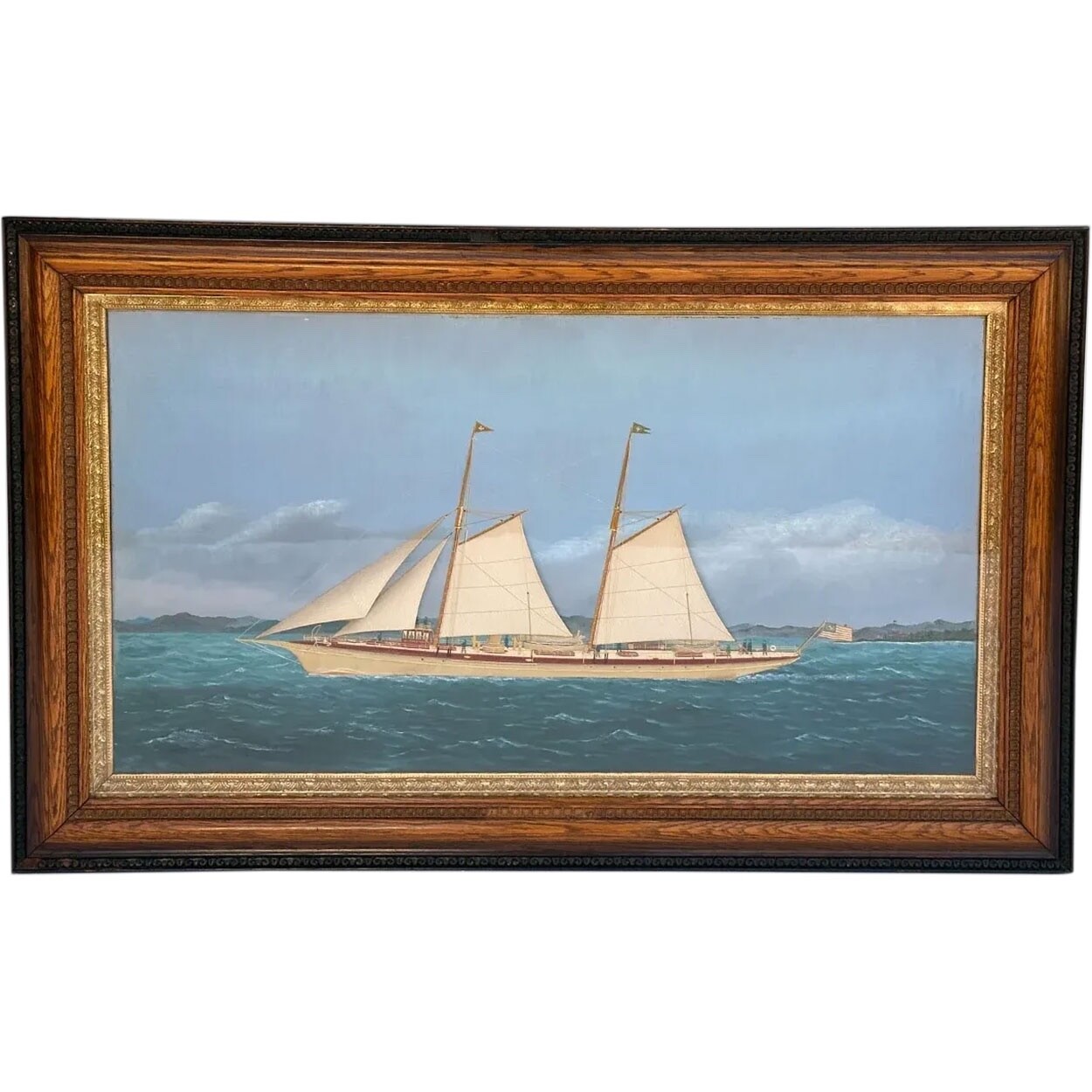 Antique THOMAS H. WILLIS Oil, Silk Needlework Painting, Golden Rod Steam Yacht