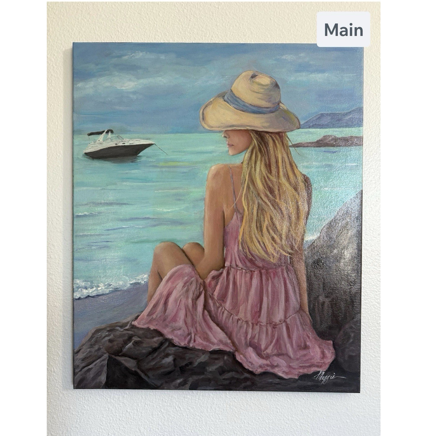 Realism Seascape Portrait Painting, Woman & Boat Ocean Beach, Signed