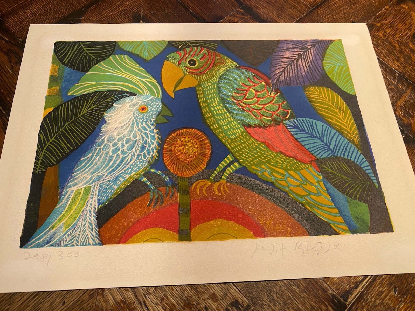 Vintage artist JUDITH BLEDSOE lithograph PRINT “Parrot & Cockatiel Signed