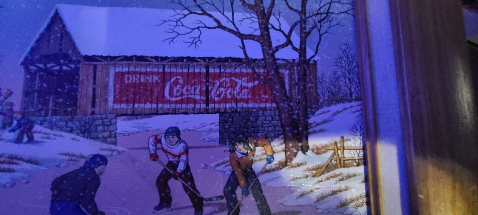 C. Carson Vintage Framed Canvas Oil Painting Boys Winter Hockey on Ice Coca Cola