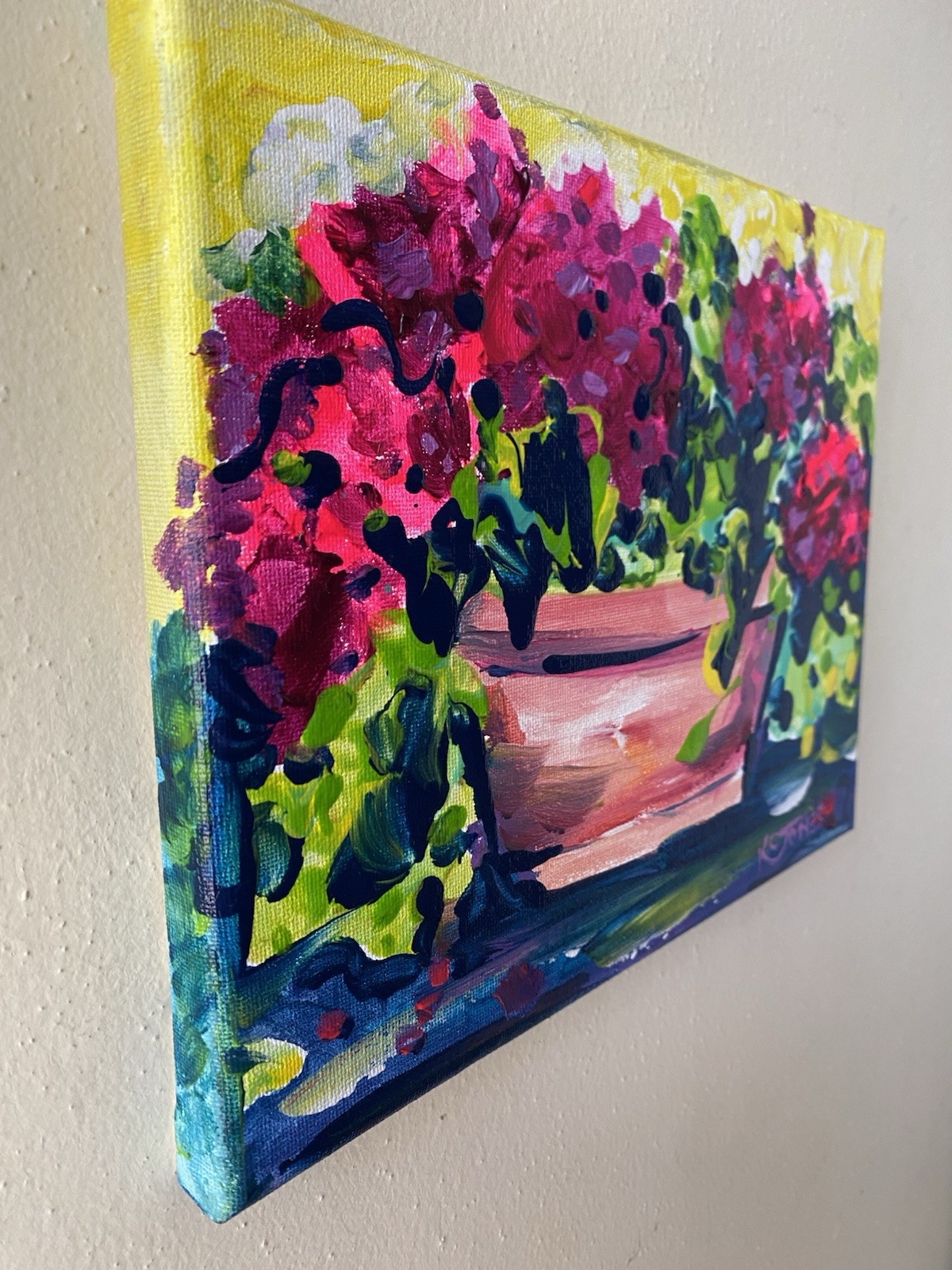 Hot Pink Geraniums Small Impressionism Flower Flowers Pot Painting K C Jones Art