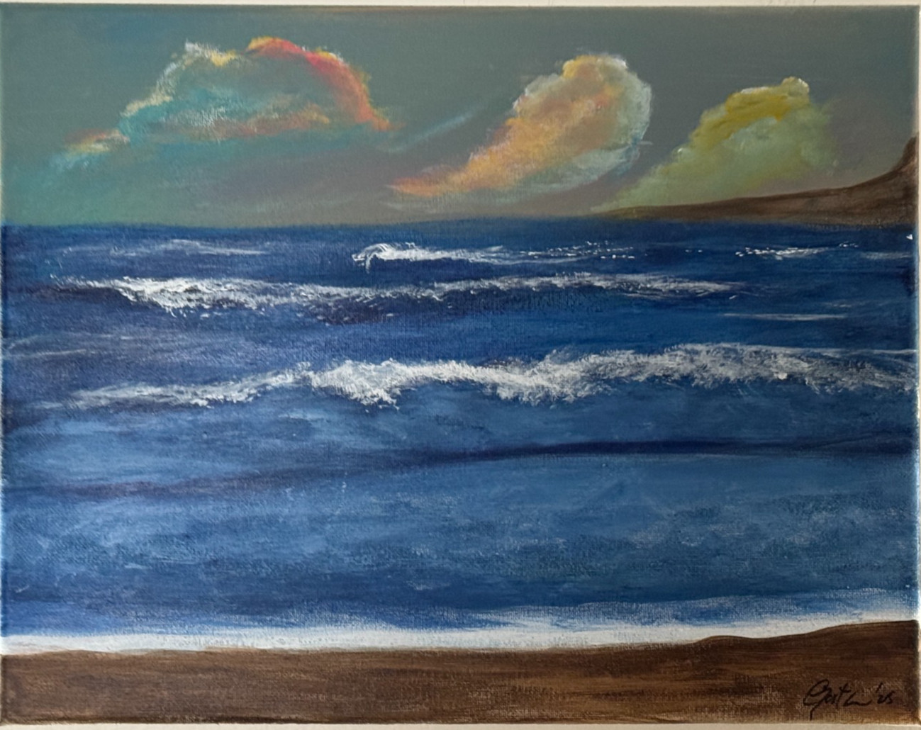 Original 11×14 Acrylic Painting Abstract Landscape «The Setting Sea» R Gaston