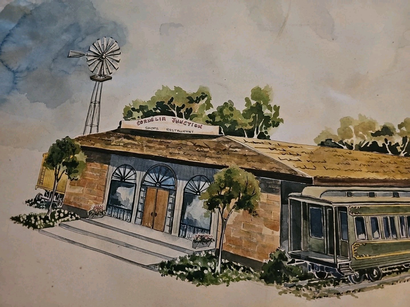 1976 B Wyeth Cordelia Junction Watercolor Fairfield CA Train Cars Arches 30×22.5
