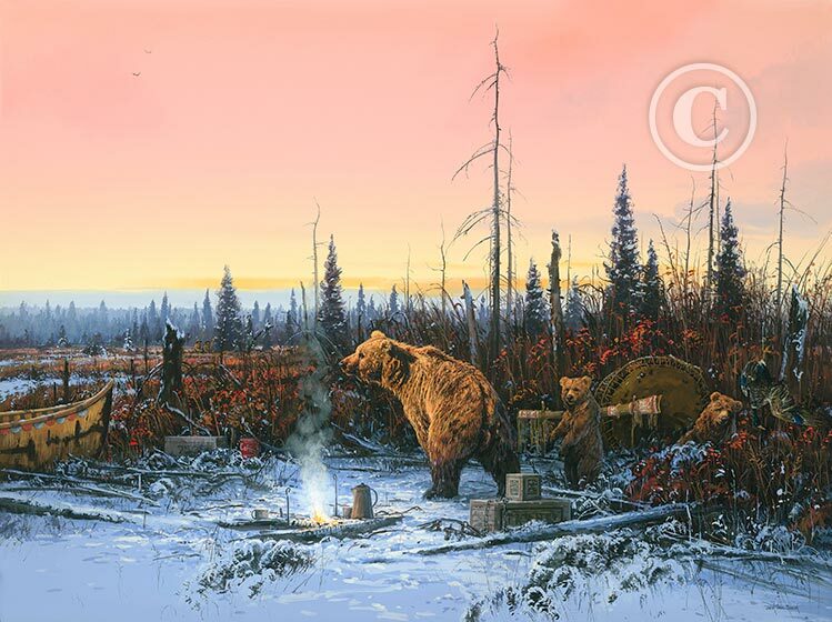 Grizzly Bears in Camp By John Paul Strain Signed Paper Giclée 19 3/4″ x 26 1/4″