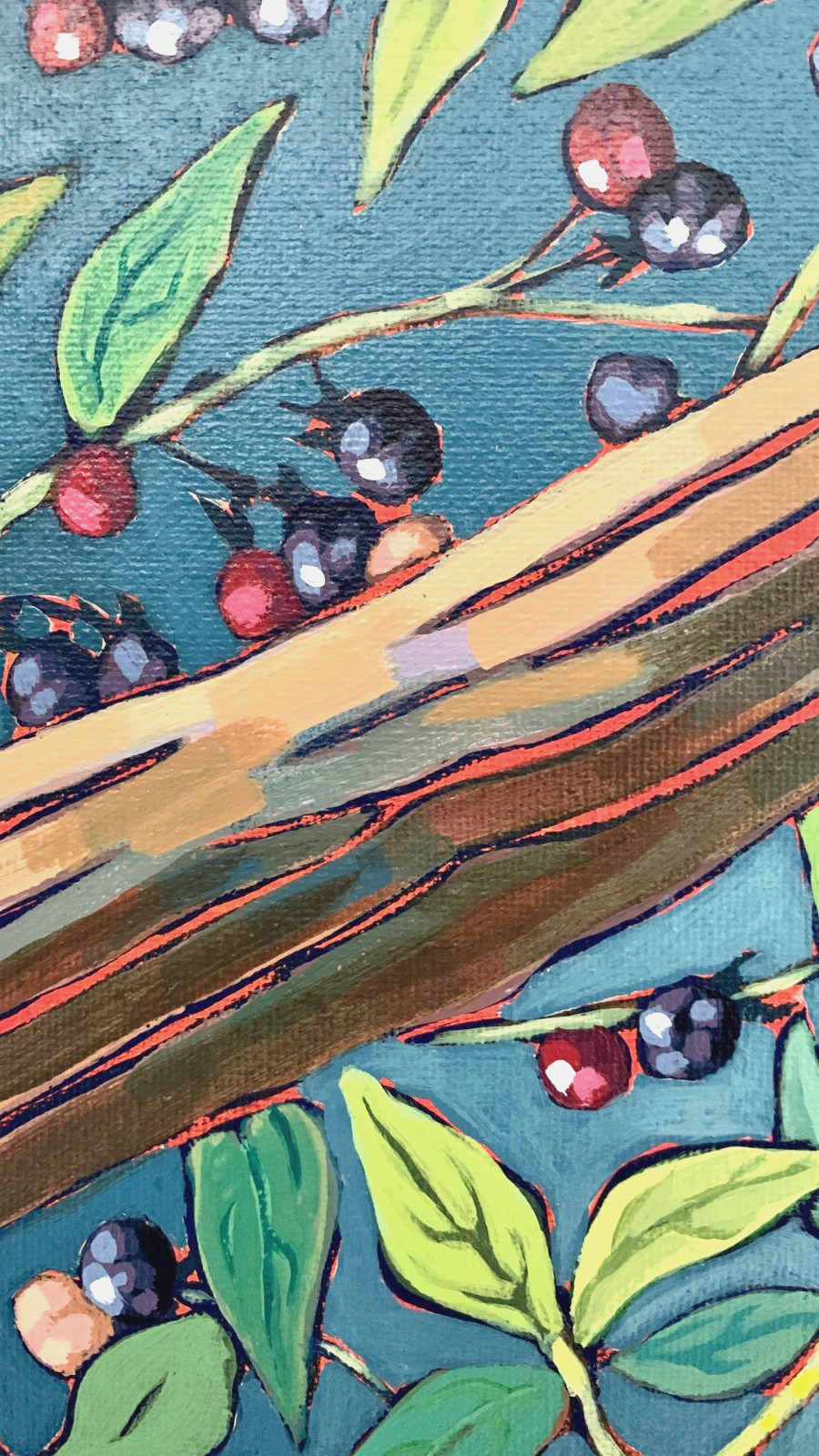 Blackberry Vines on Rustic Fence – 14×14 Original Acrylic Painting