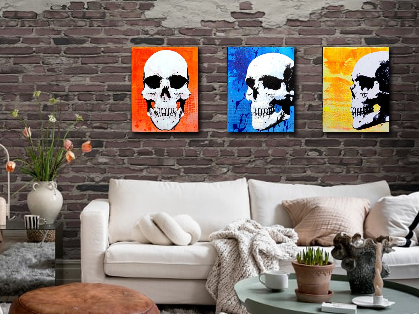 Original Skull Painting – POP ART – With UV Blacklight Bulb – 11×14 (set of 3)