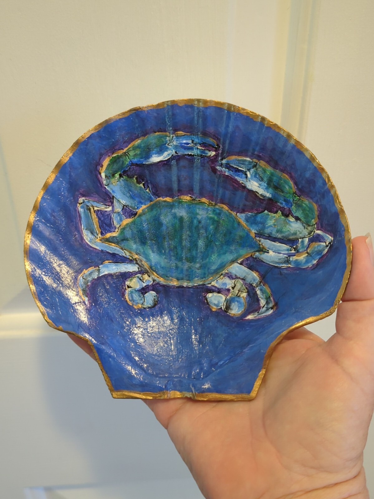 Hand Painted Art Blue Shell Crab on Scallop Seashell RAMFISH Artist