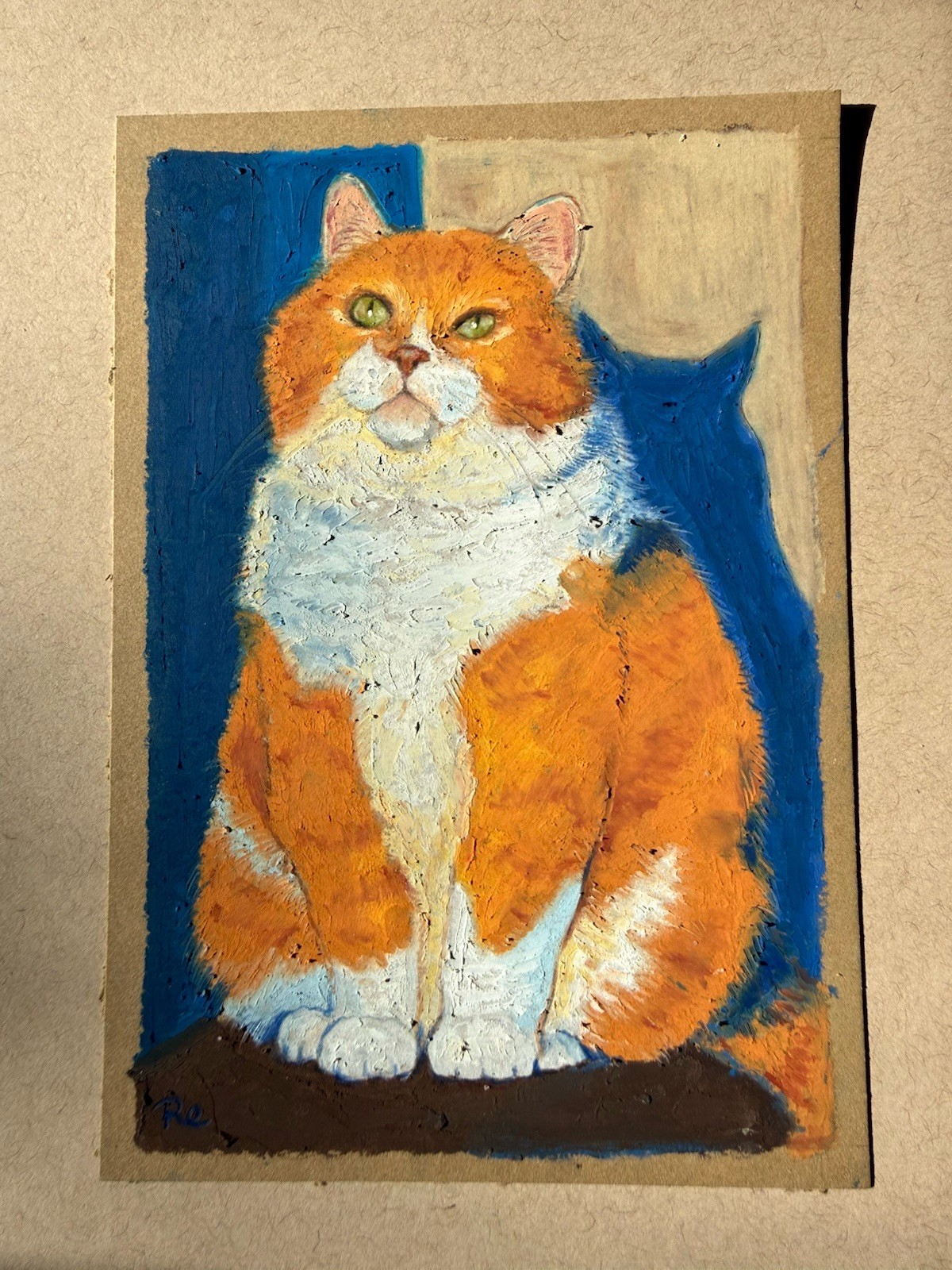 Original Oil Pastel Postcard Painting Chonky Orange Cat Art OOAK
