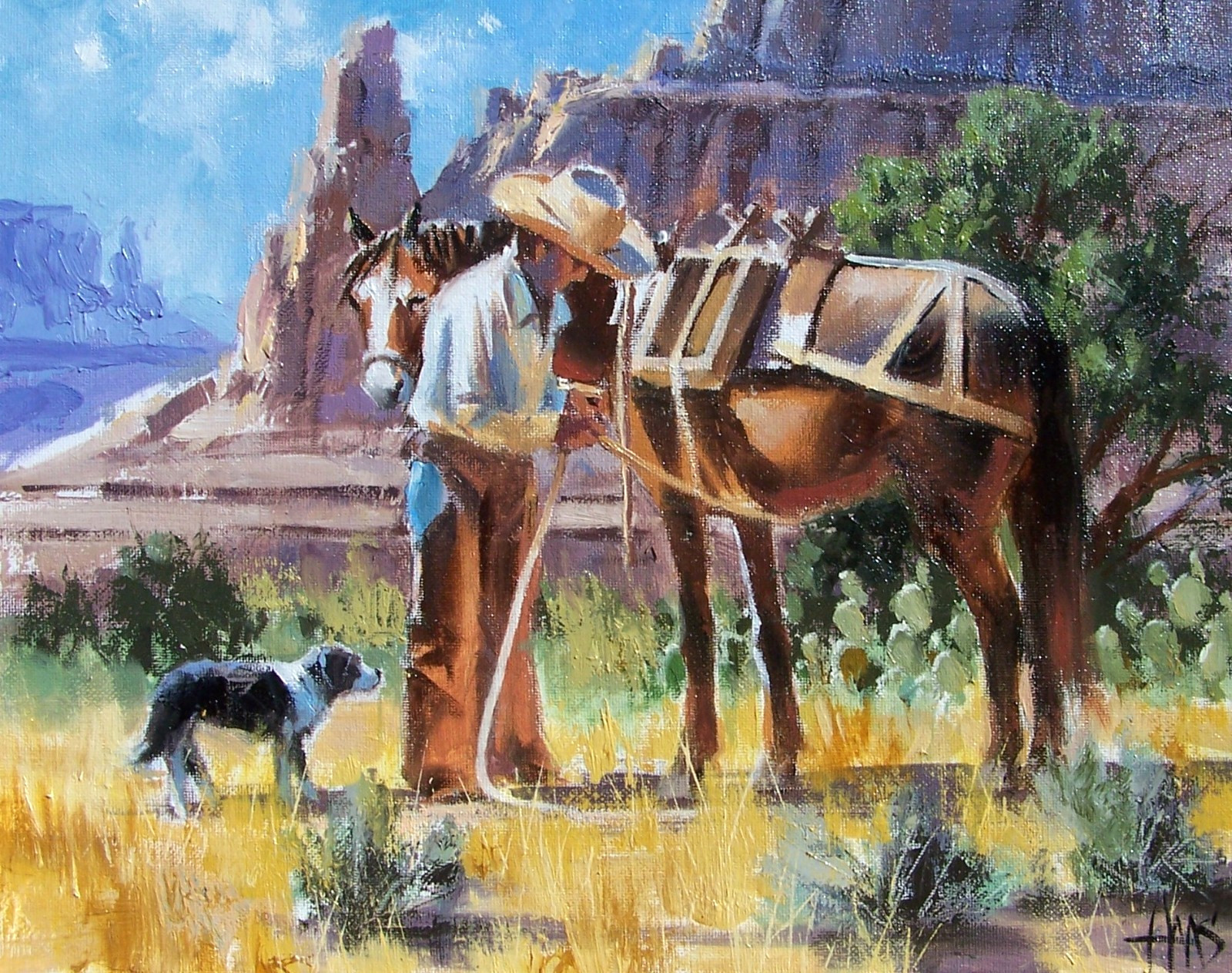 TOM HAAS painting ‘Breaking Camp’ oil 11″x14″ Arizona desert cowboy dog horse
