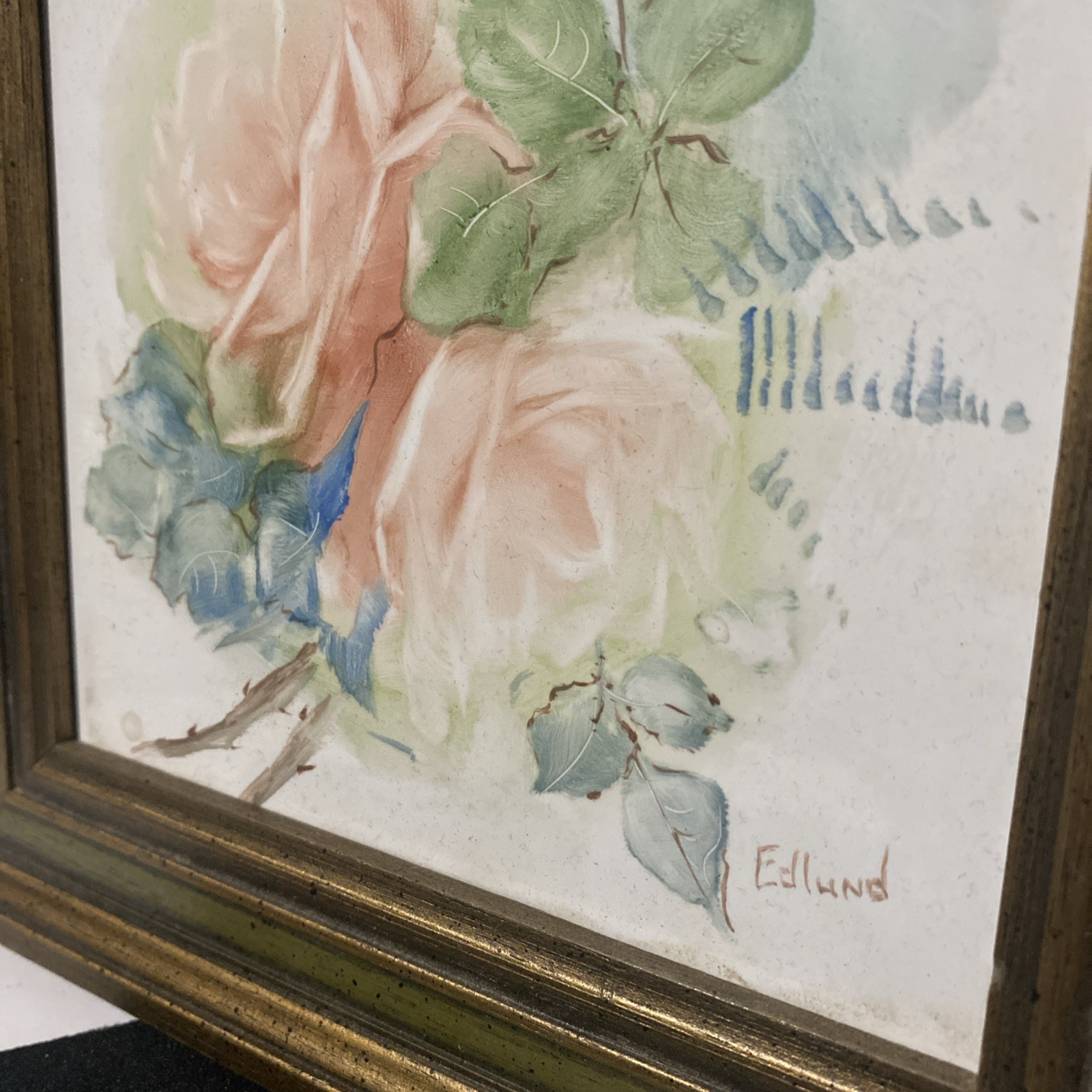 Signed Hand Painted Porcelain Tile Floral Plaque Framed Picture Wall Hanging