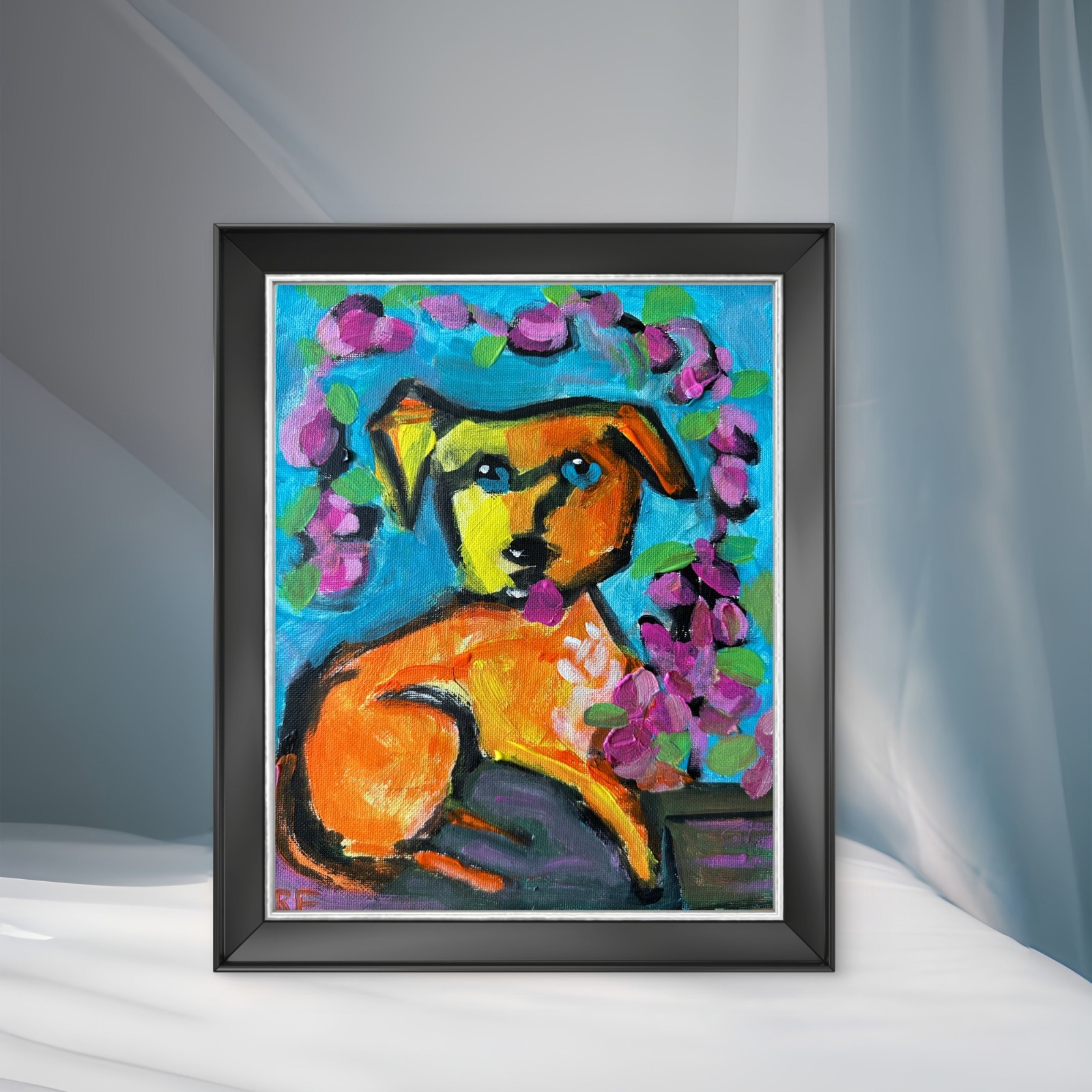 Original Acrylic Dog Painting 8×10 Contemporary Folk Art Animal Floral Painting