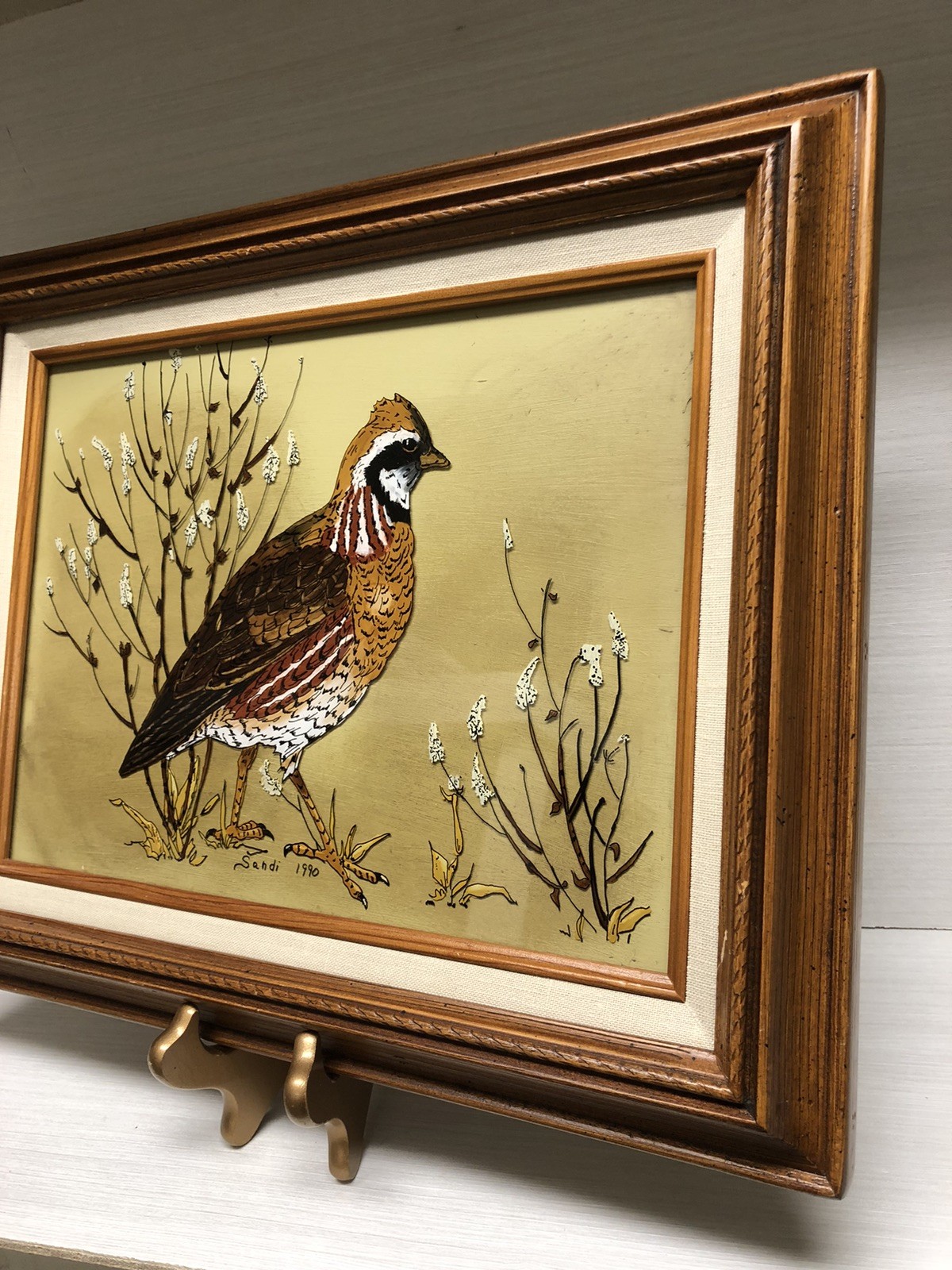 VTG Reverse Glass Art Painting Bowhite Quail Wood Framed Artist Signed 13×16”