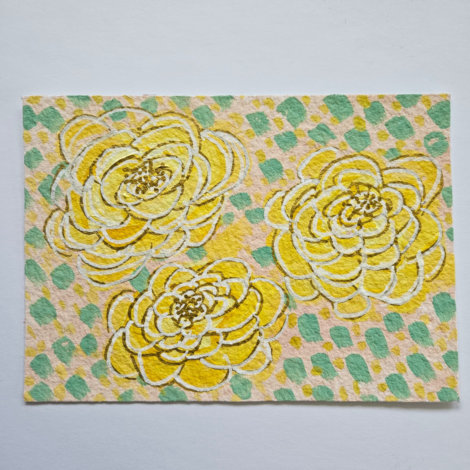 5×7 small abstract spring floral painting yellow golden peach cottagecore granny