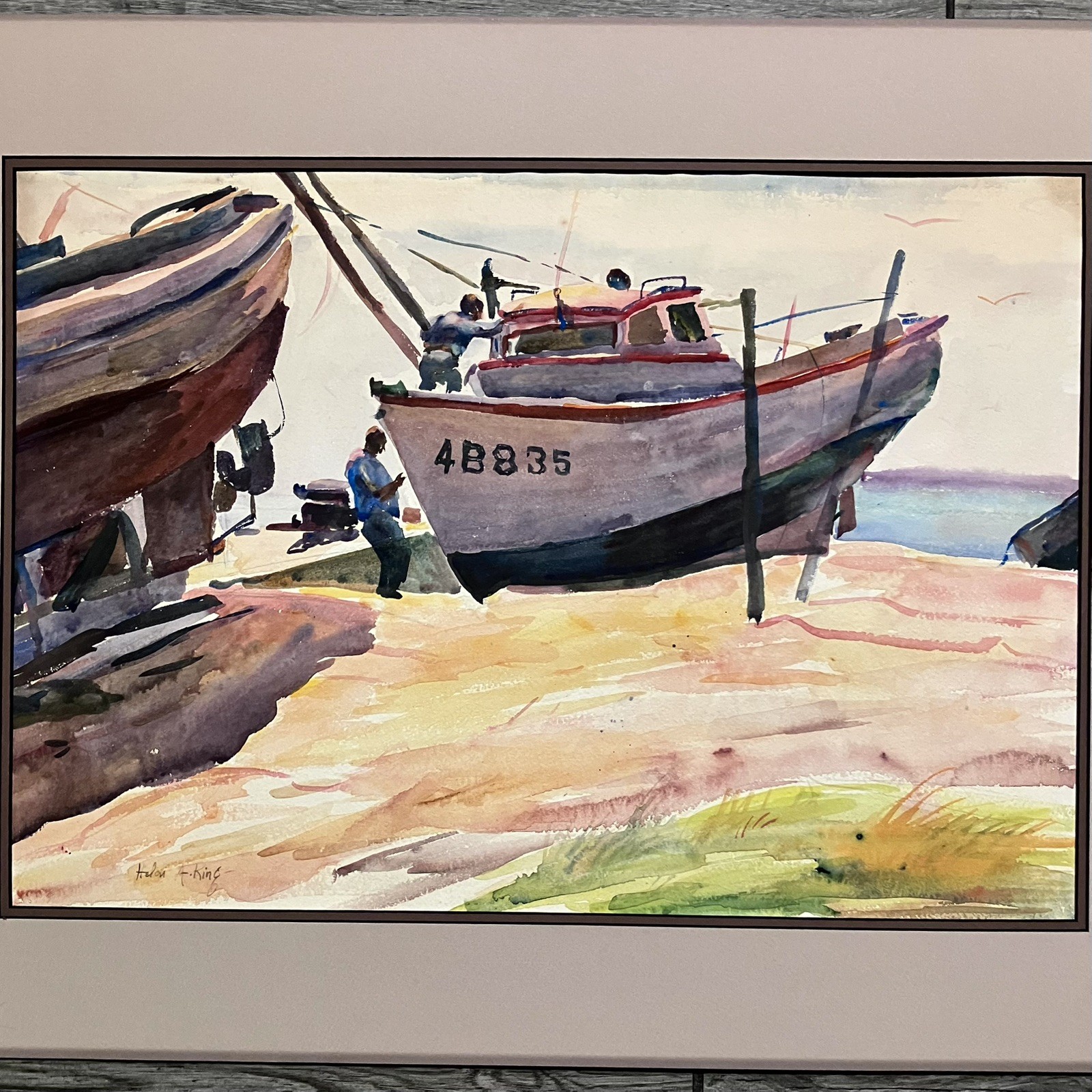 Listed HELEN A. KING (1900-77) Watercolor / BOATS & FISHERMEN / Matted To 21×27