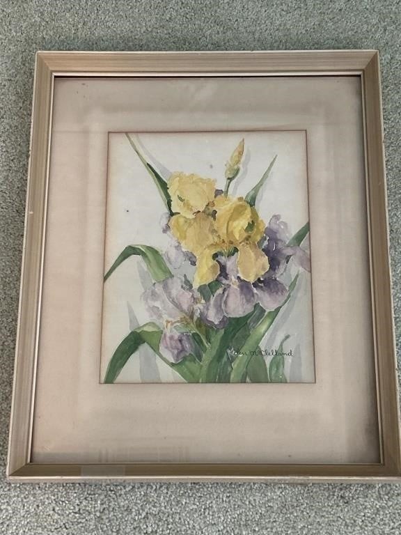 Framed Watercolor-Yellow & Purple Flowers 17in x 21in