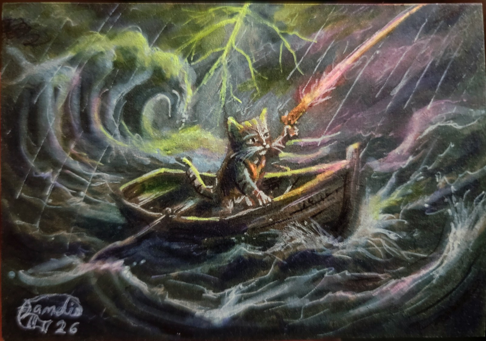 Jacob Landis HANDMADE ORIGINAL art ACEO Boat Kitten Danger «Shooting A Flare»