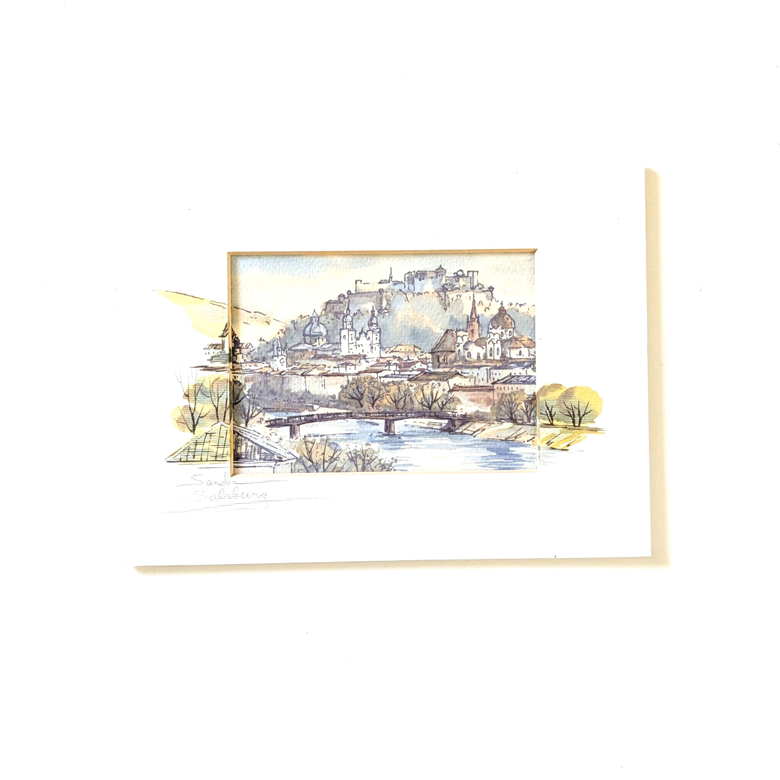 Original Watercolor Ink Sketch, Salzburg Austria, Hohensalzburg Fortress, Signed