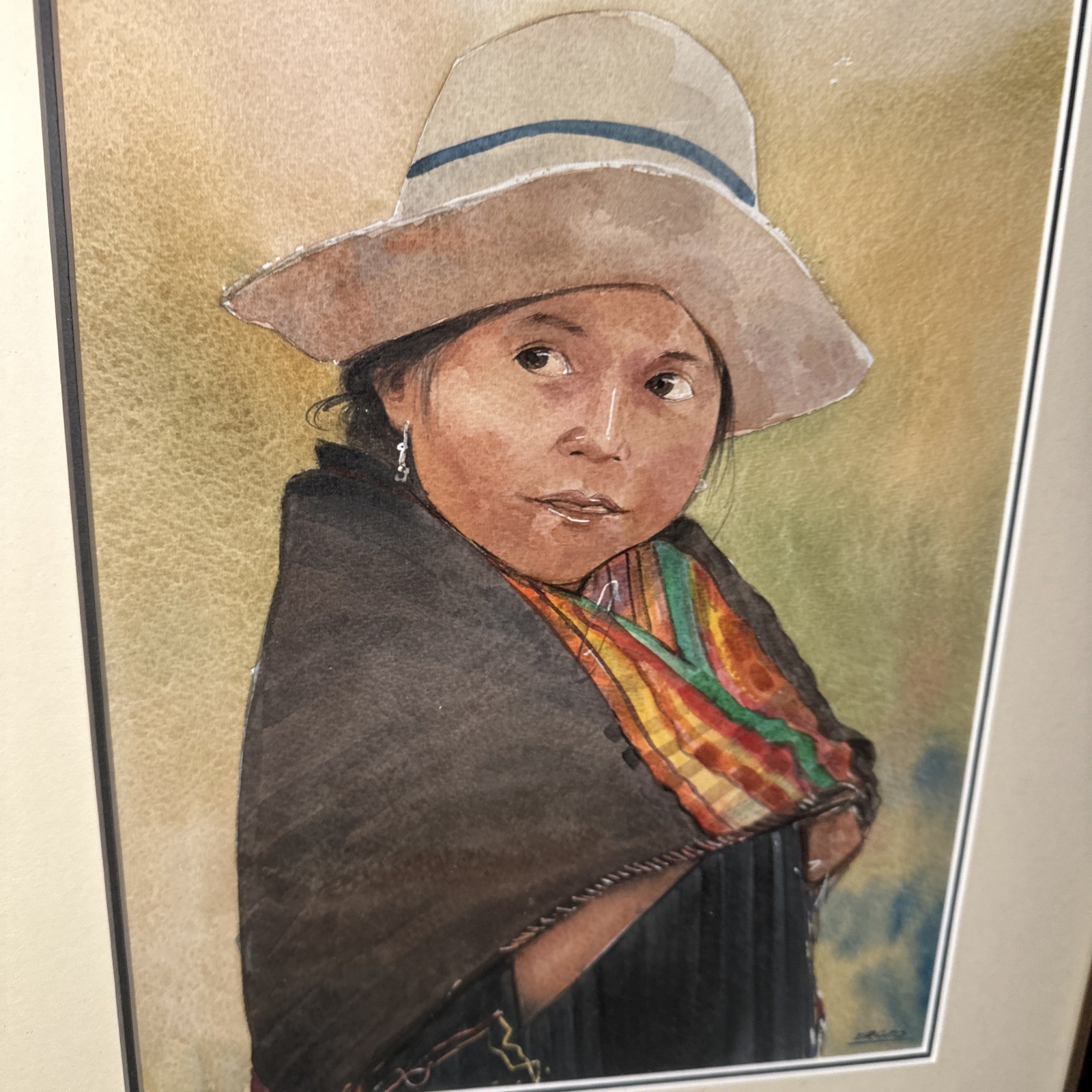 Vintage ORIGINAL Watercolor GIRL CHILD PAINTING Latin American SIGNED ERAZO