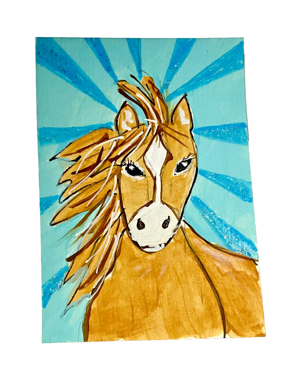ACEO Original painting acrylic signed animal horse glitter background OOAK