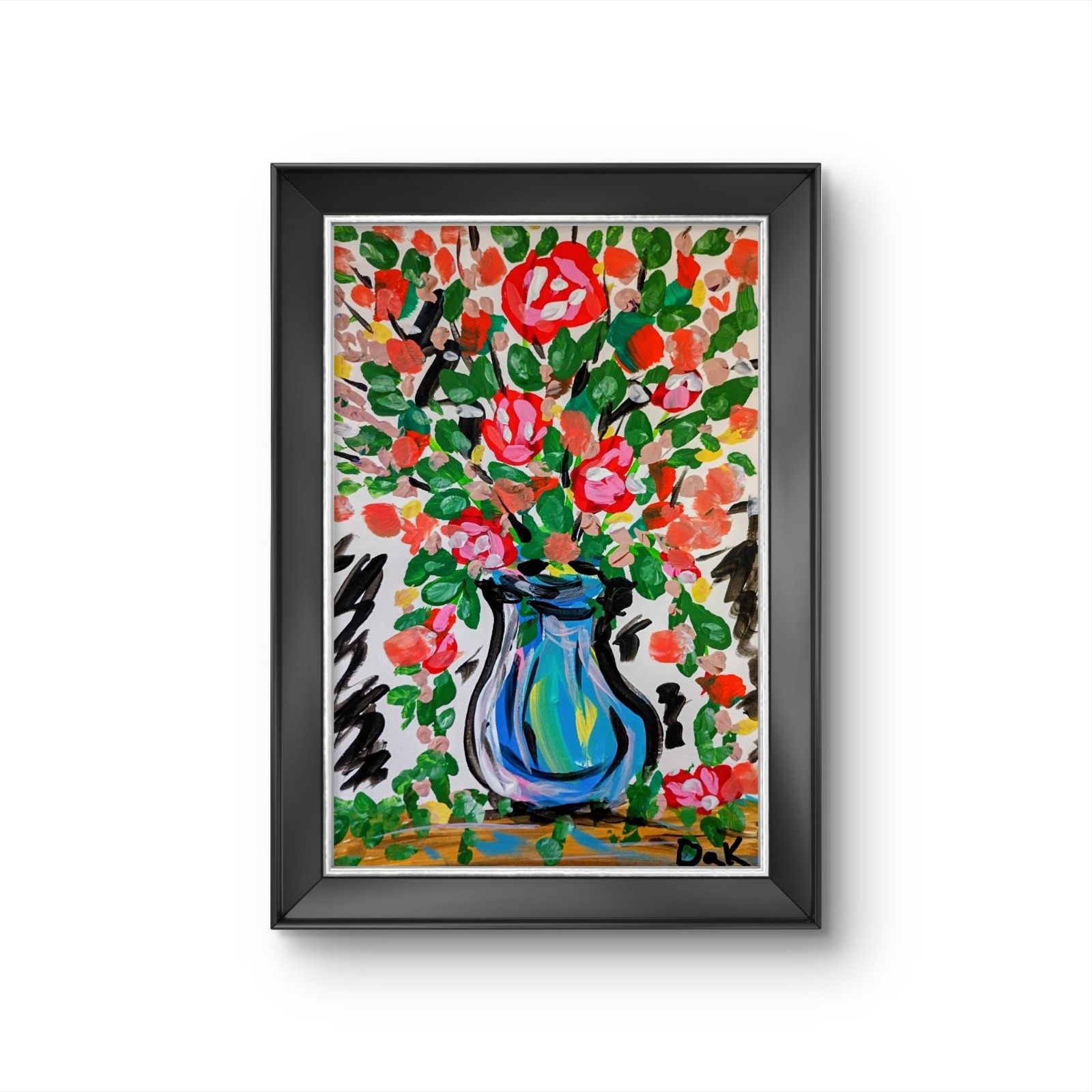 Blue Vase Floral 6×9 Thick Paper Original Art Bold Color Expressionism Abstract