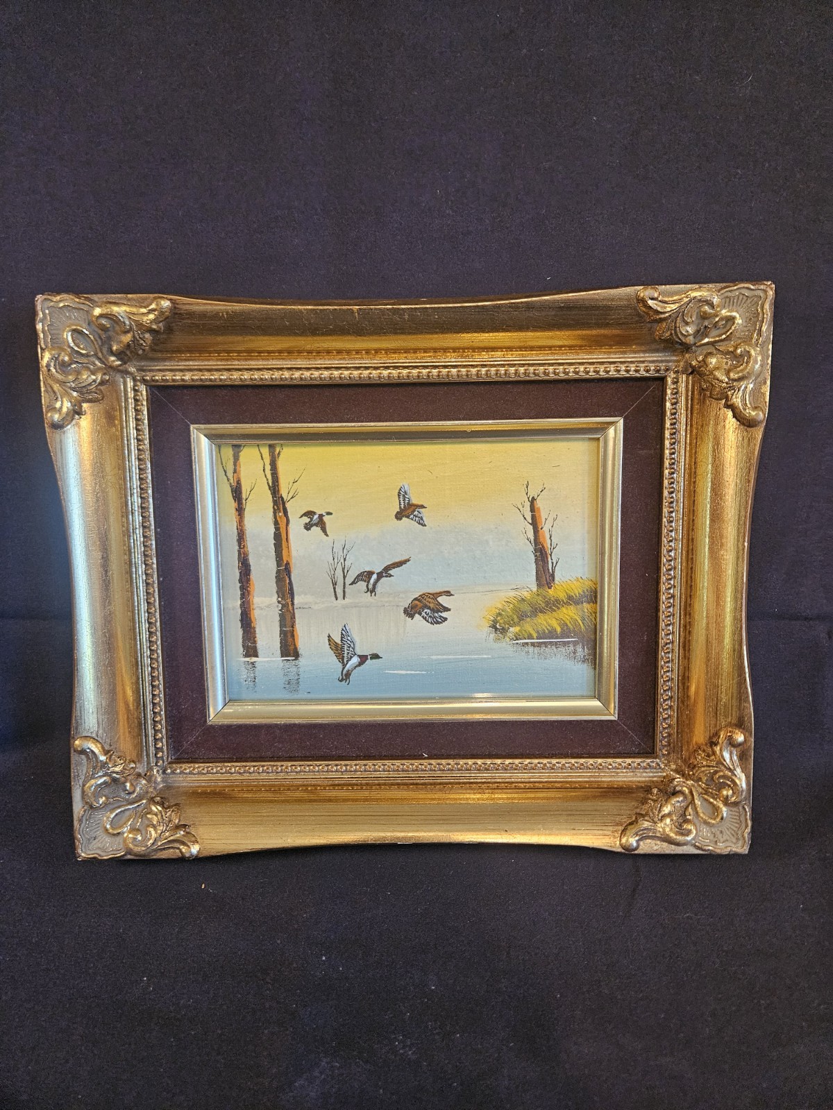 Vintage Oil Painting On Wood In Ornate Gold Frame Nature Size 11×9 Ducks