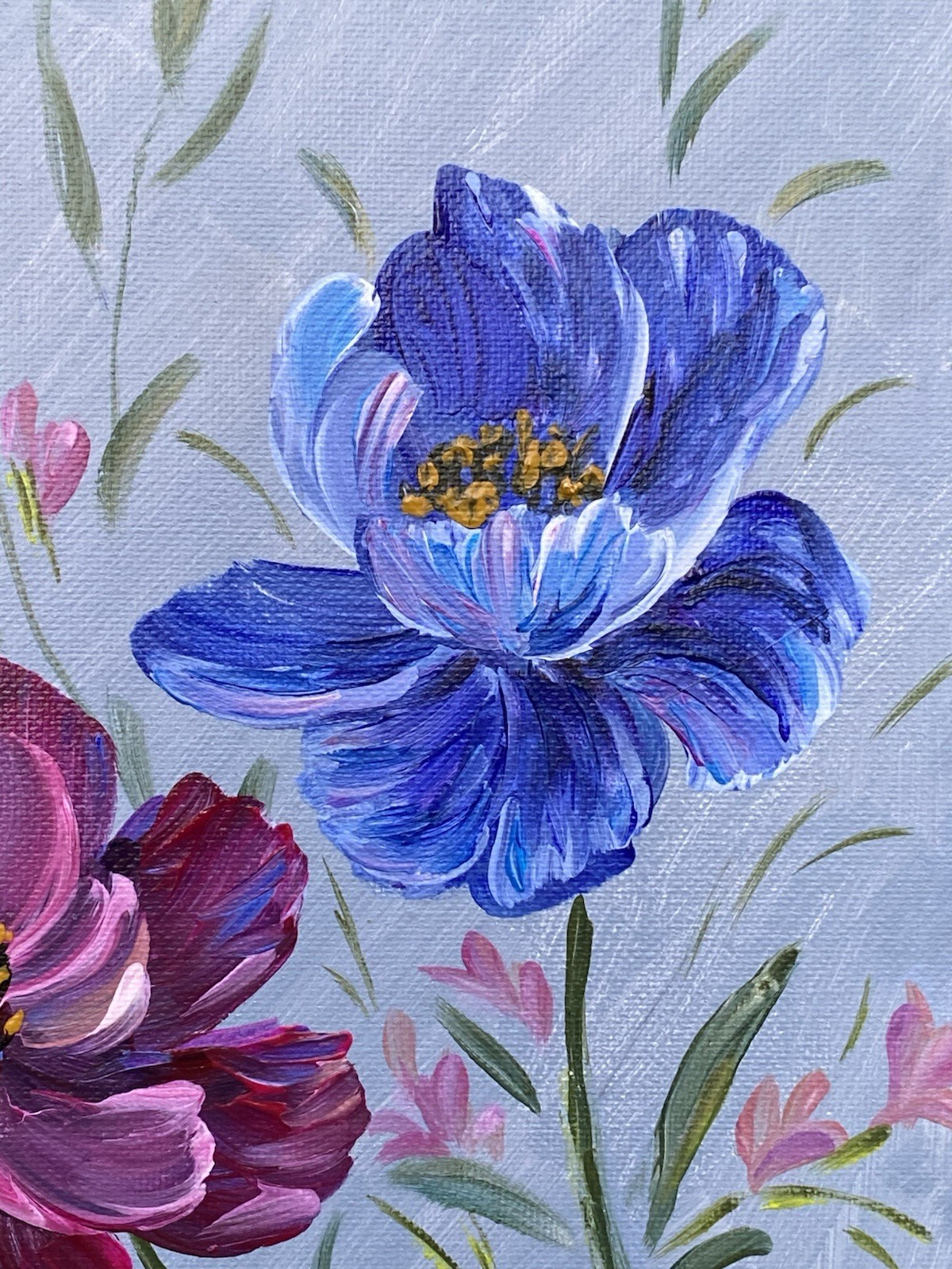 Cosmea Acrylic Painting Pink Blue Flowers Wall Art 8×10 Floral Wall Decor