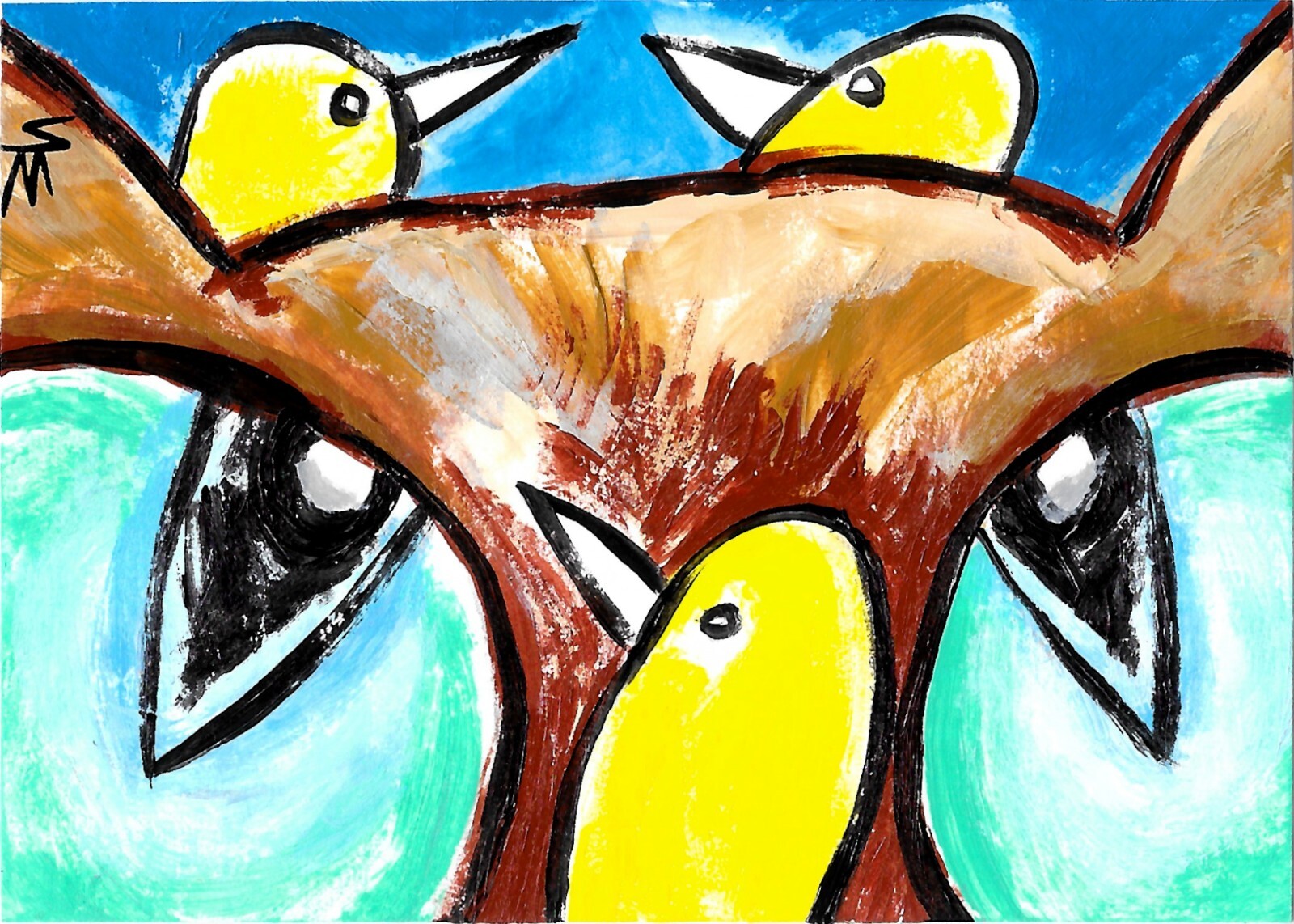 Aceo Print Cat Bird Painting Ducks Signed Collectible Folk Art Samantha McLean
