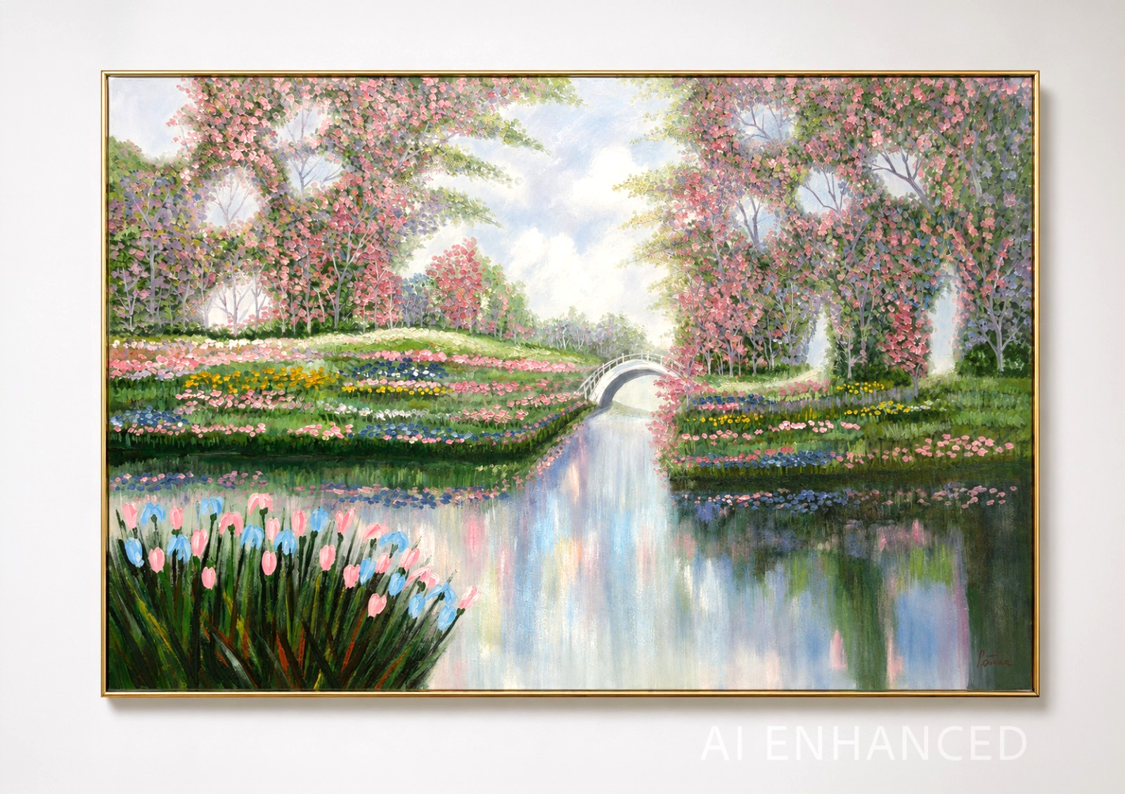 Impressionist Garden Landscape Acrylic Painting Framed Floral Park Scene XL 60″