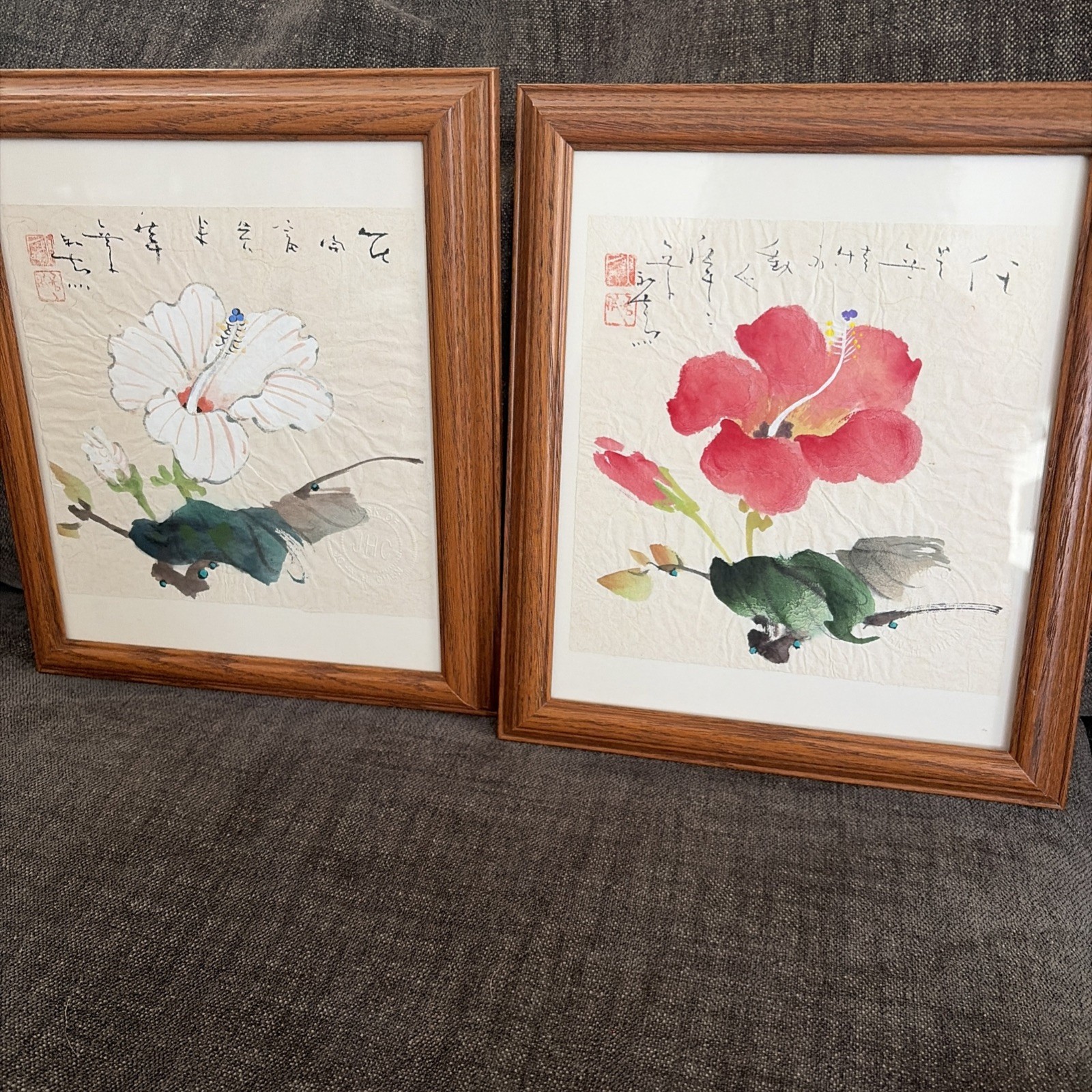 2 Signed Original Chinese Traditional Watercolors Hibiscus John H Chen Stamped