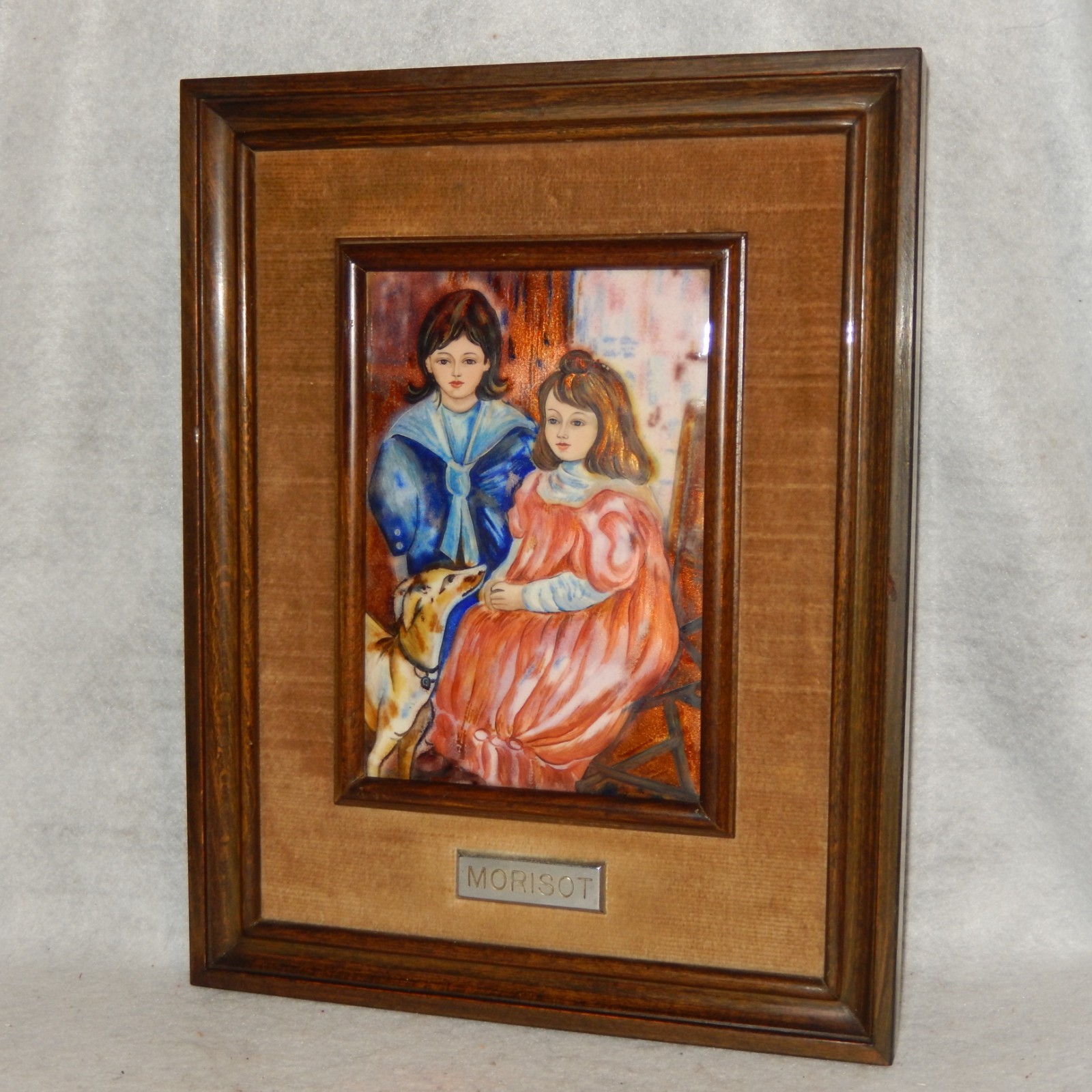MORISOT Enamel Copper 2 Girls with Dog Sisters Greyhound Painting Framed Art