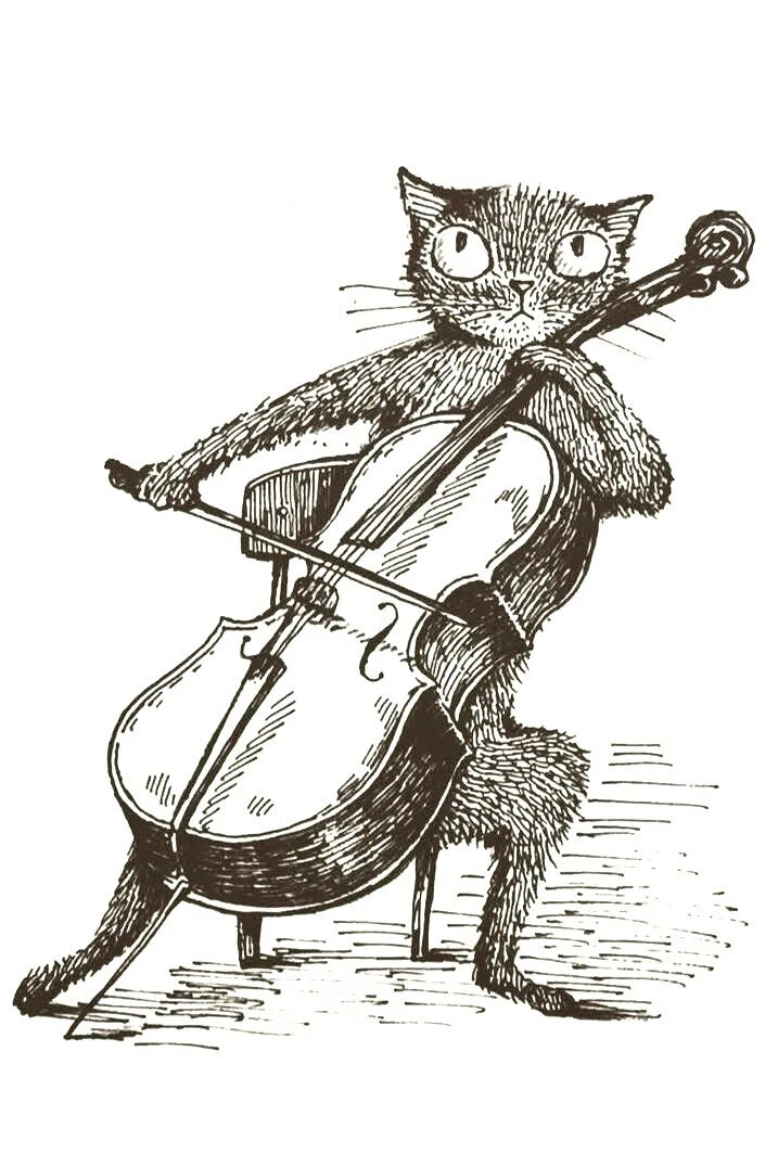 Original ACEO Musical Cat Ink Line Art Cello Music Instrument Signed by Artist