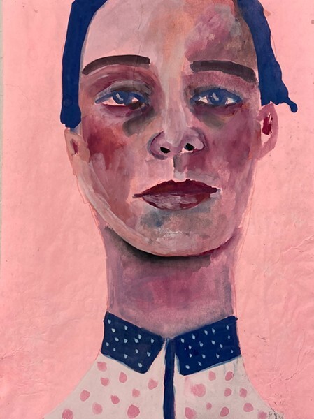 Original Portrait Painting 9×12 Naive Pink Blue Woman Wall Art Miz Katie