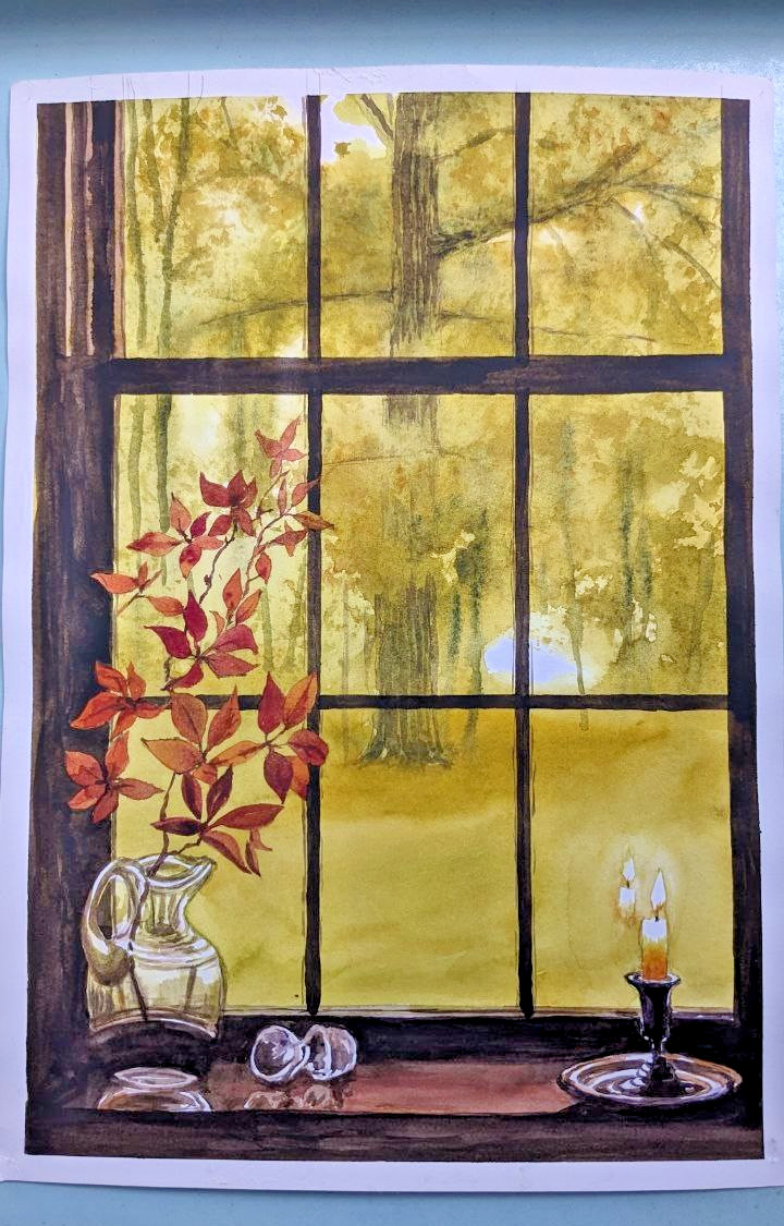 Autumn Leaves Fall Branches Rustic Watercolor Painting Farmhouse Garden Art