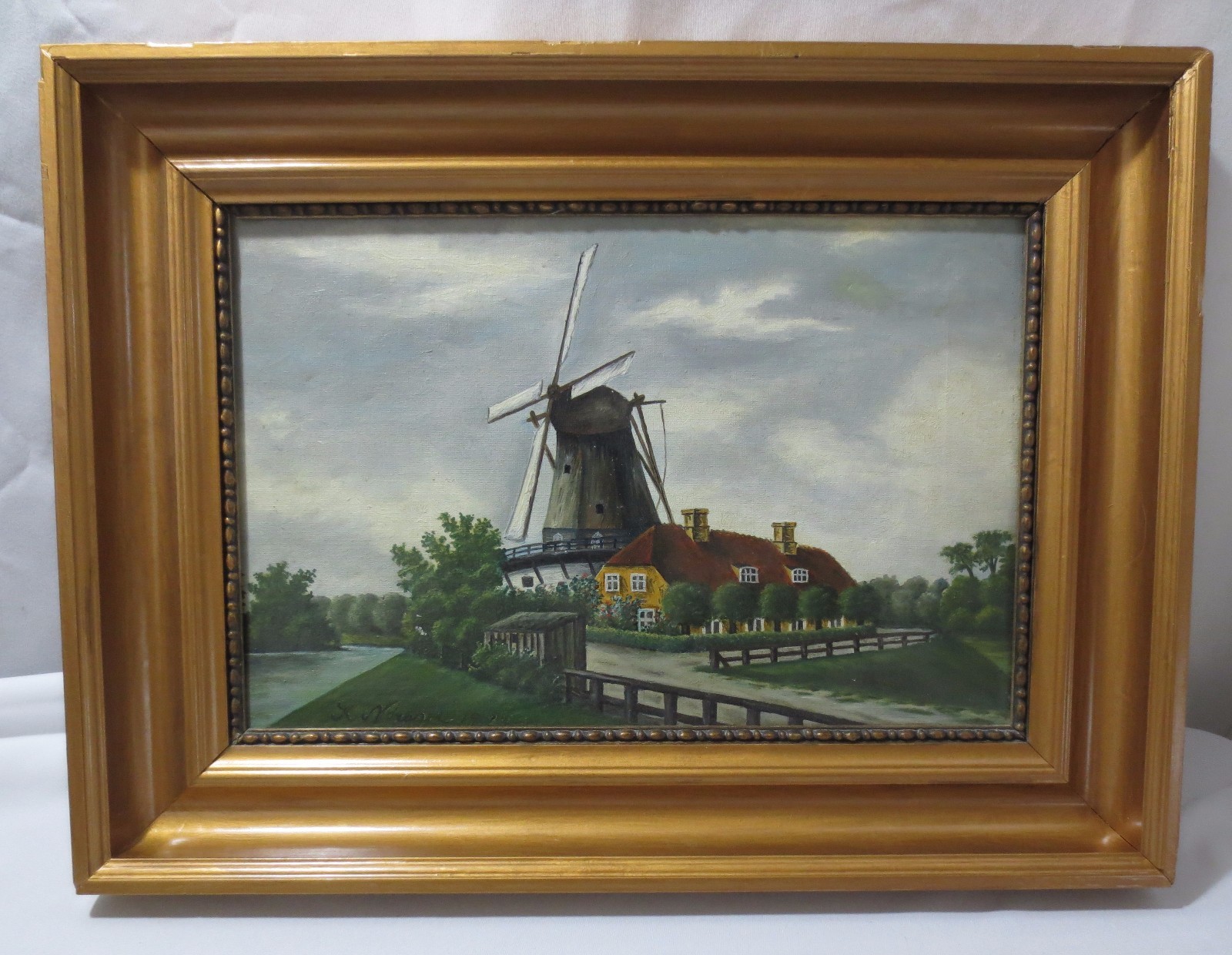 Antique Oil Painting K Norager Dutch Netherlands 1922 Canvas Windmill House