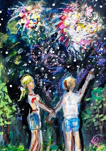 ACEO Original Painting FIREWORKS Summer Love Friends People 4th July USA ATC ART