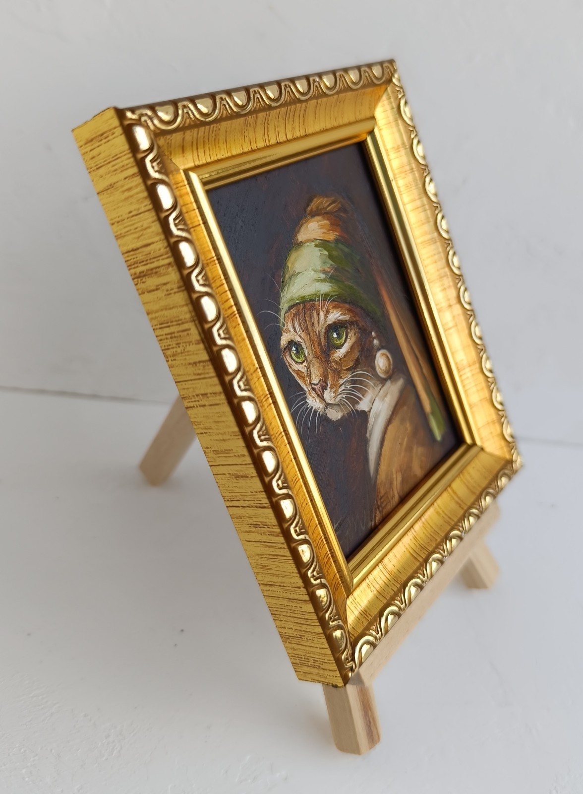 ACEO Cat with Pearl Earring Oil Painting Framed Original Artwork 2.5×3.5 in
