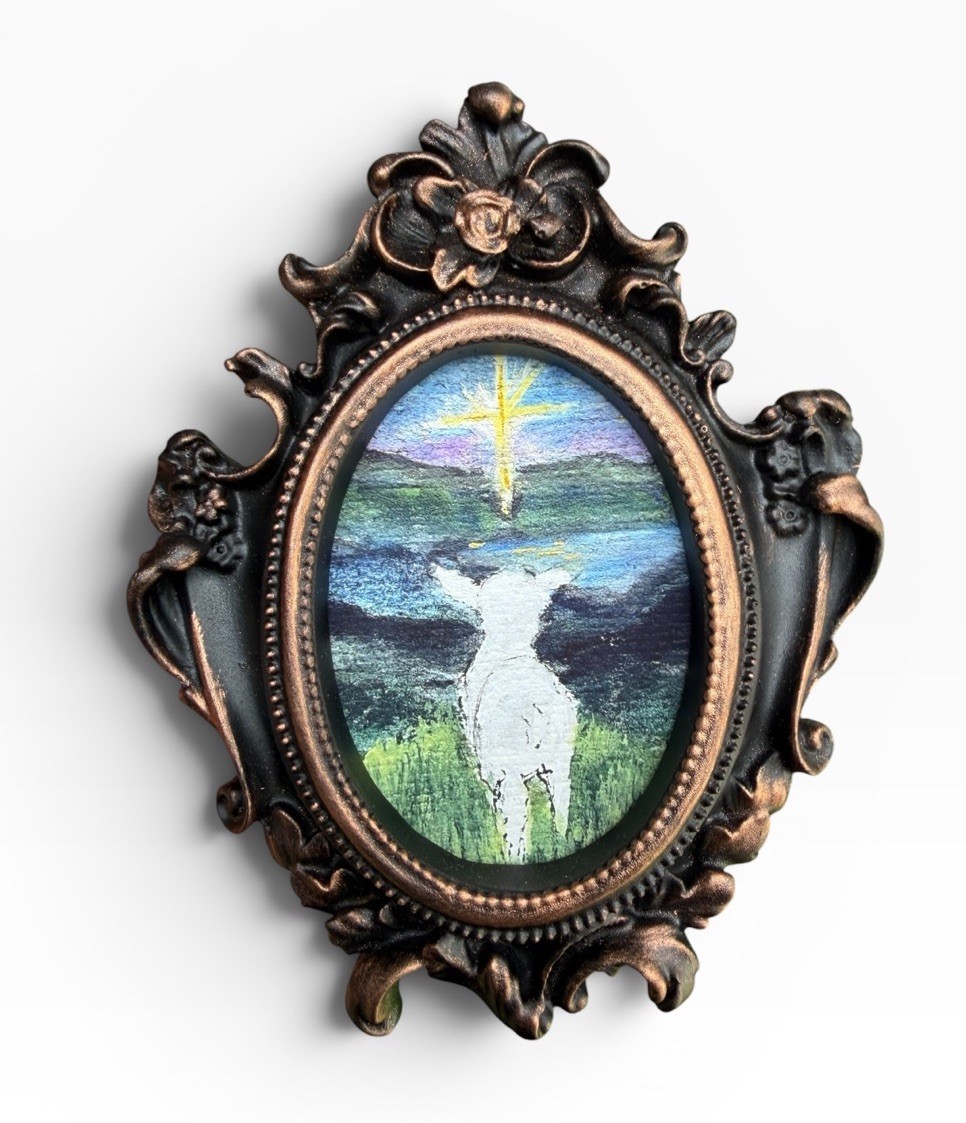 Landscape Lamb mini watercolor animal print of original painting • ornate frame