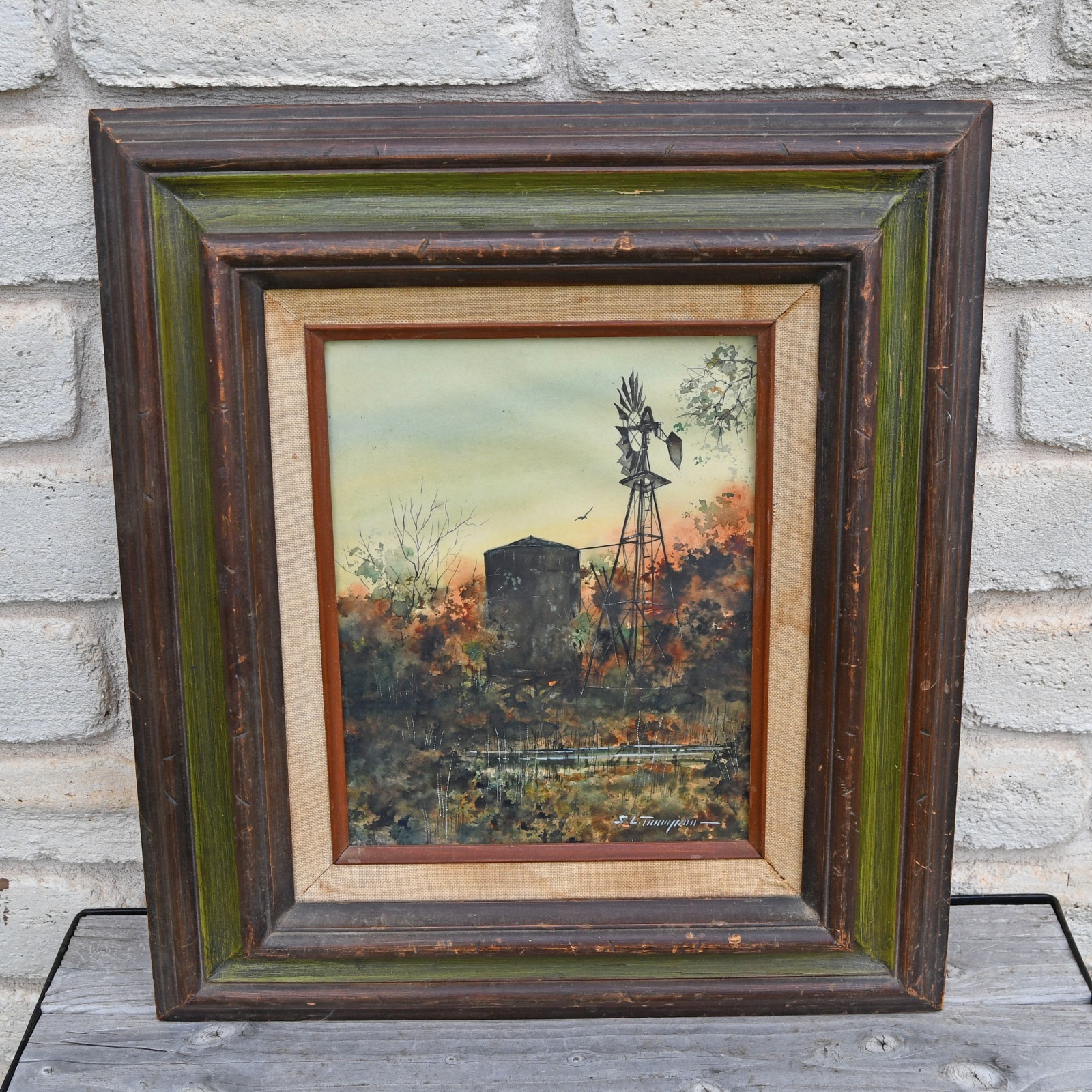 Original Watercolor S L Thompson San Antonio Texas Windmill Tank Farm Landscape