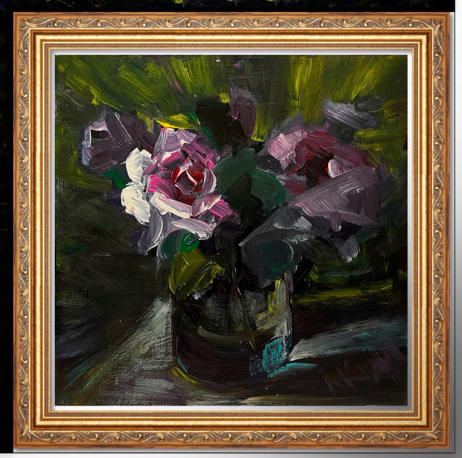 Original Oil Painting Fine Art Still Life Rose Blossom Spring Flowers Gold Frame