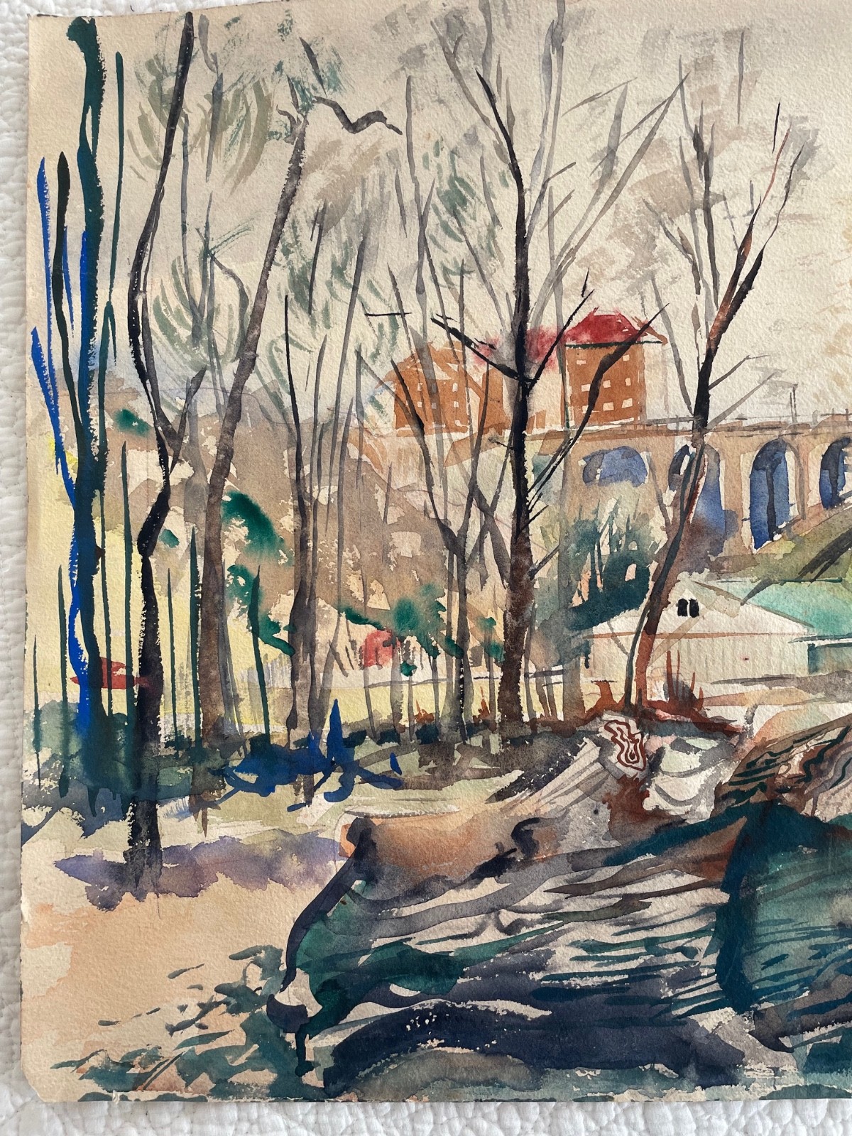 Vintage HAND PAINTED ART Bridge Trees Buildings Cleveland OH Bill Tiell