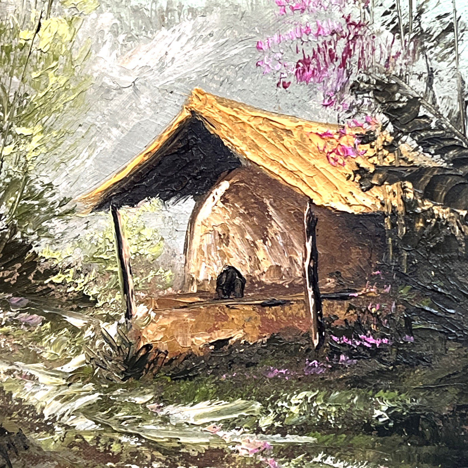 Vintage Original Oil Painting on Canvas Board Rustic Cottage Landscape Signed