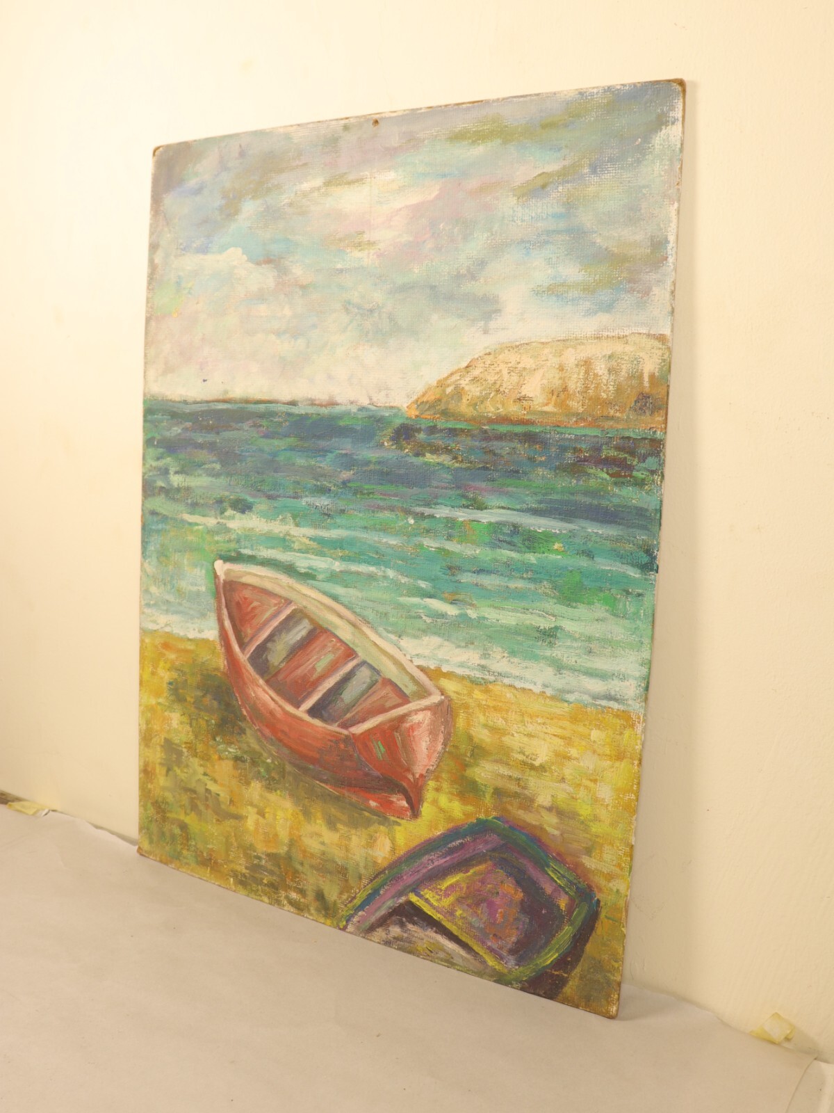 Seaside Tranquility Rare Oil Painting on Canvas Boats On Shore Coastal Landscape