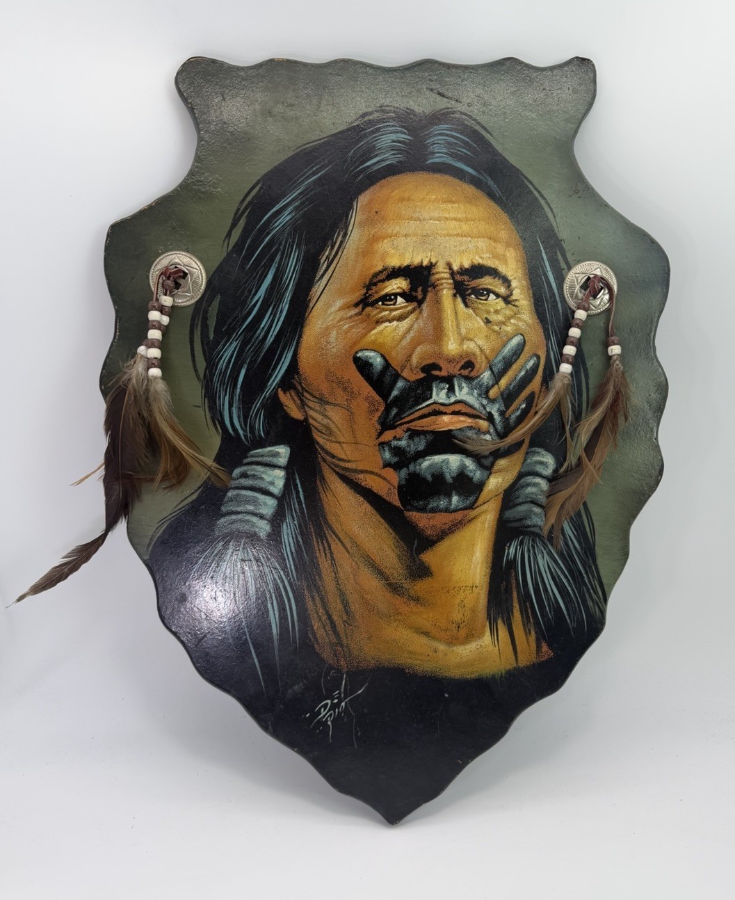 Native American Indian Original Painting On Wood Arrowhead Feathers Del Rio
