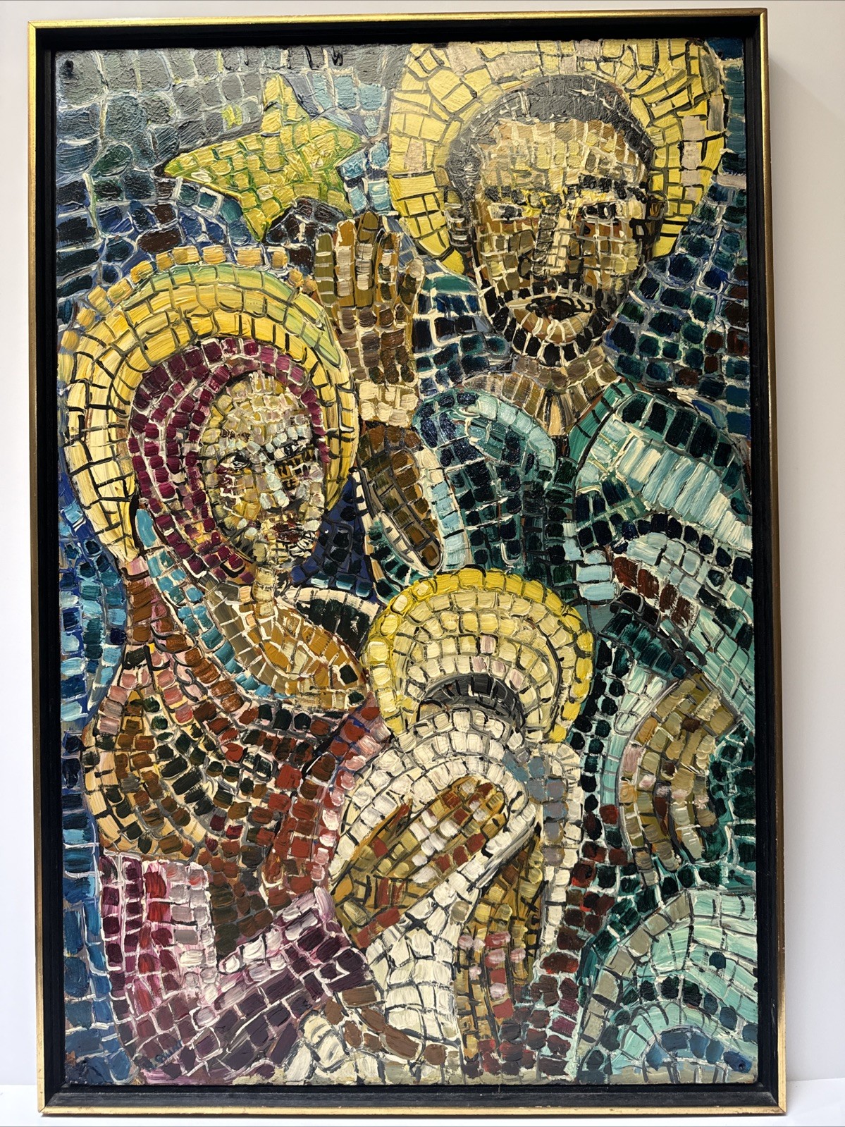 LARGE MID CENTURY PAINTING ICONIC PORTRAIT POINTILLISM MOSAIC STYLE ICON VINTAGE