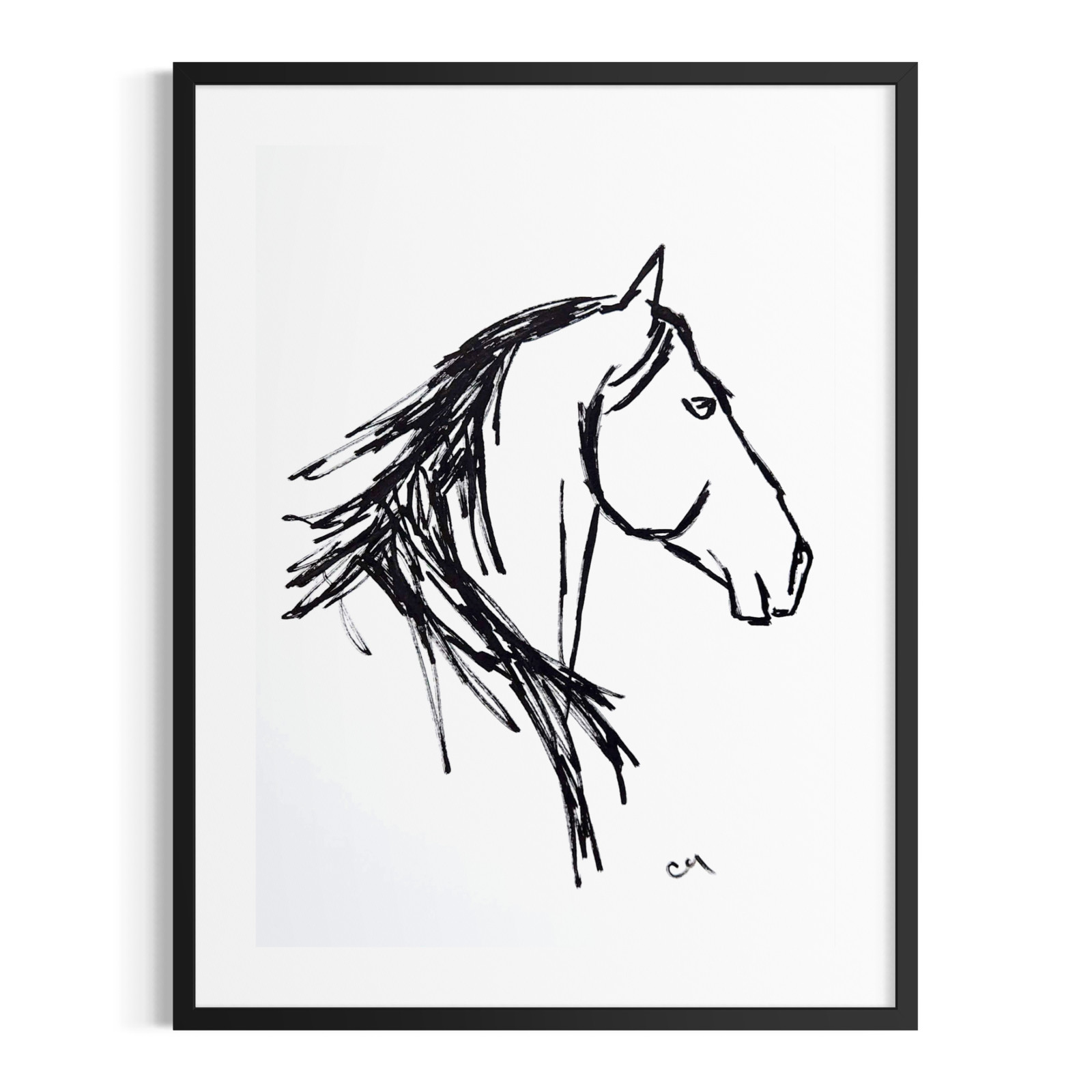 Original Horse 9×12 Acrylic Drawing Minimalist Black White Wall Art Multicolor