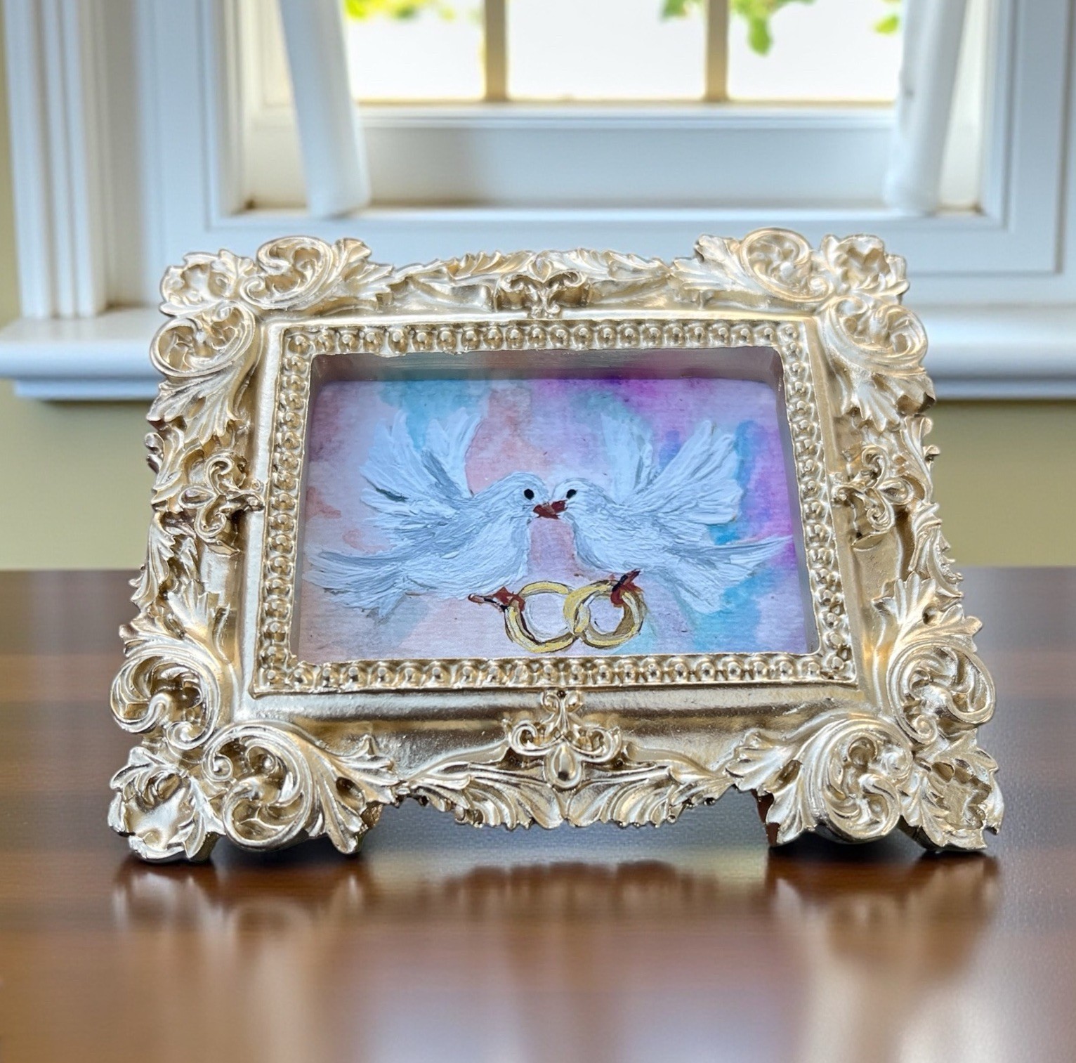 Two Doves 🕊️ holding Rings 💍 mini watercolor print in gold ornate frame