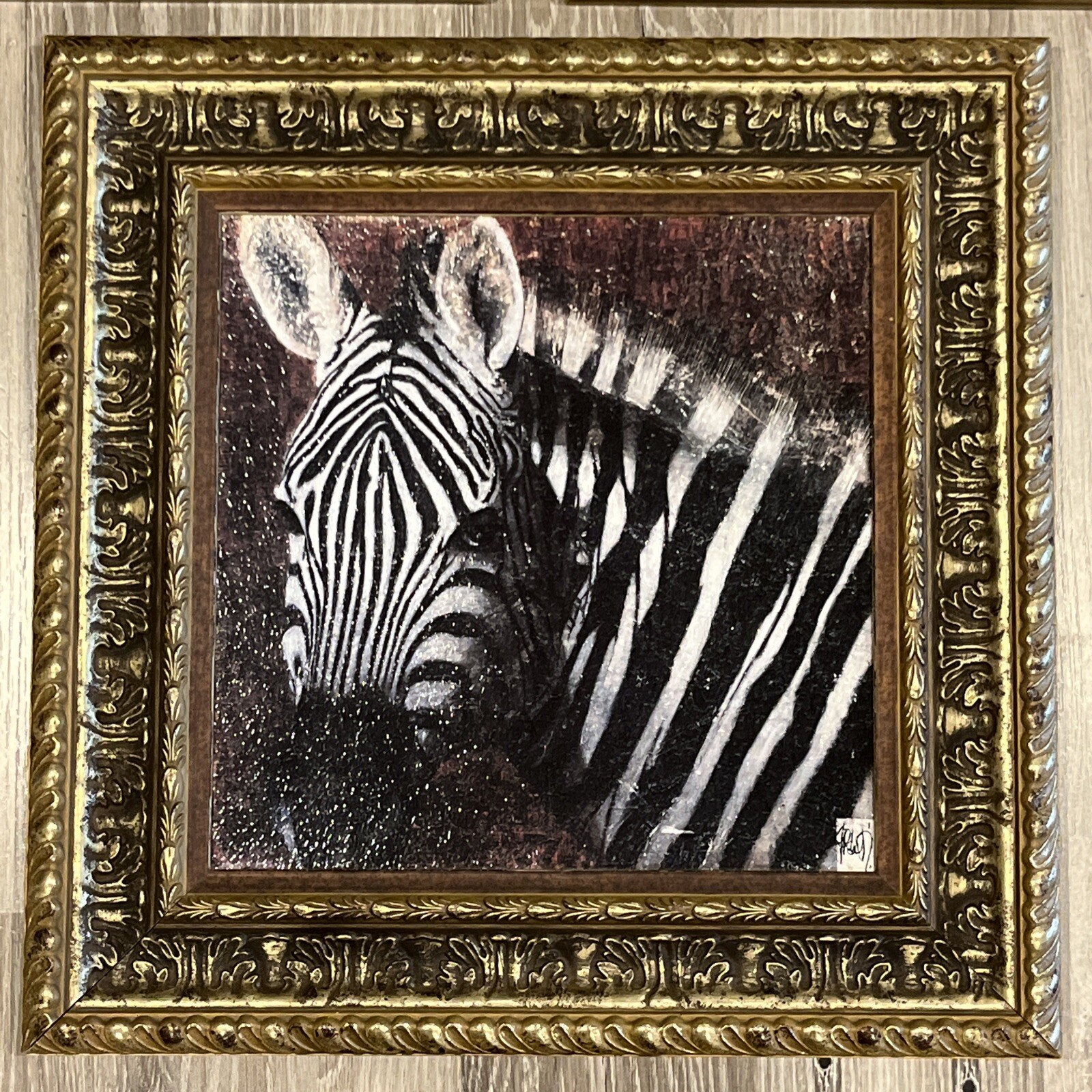 Zebra Framed Wildlife Art Victorian Gold Style Frame Wall Home Decor 17.5×17.5”
