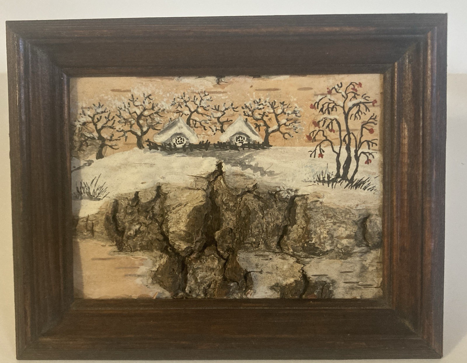 Vtg Small Russian Birch Bark Landscape Framed Artist Signed Set of 3